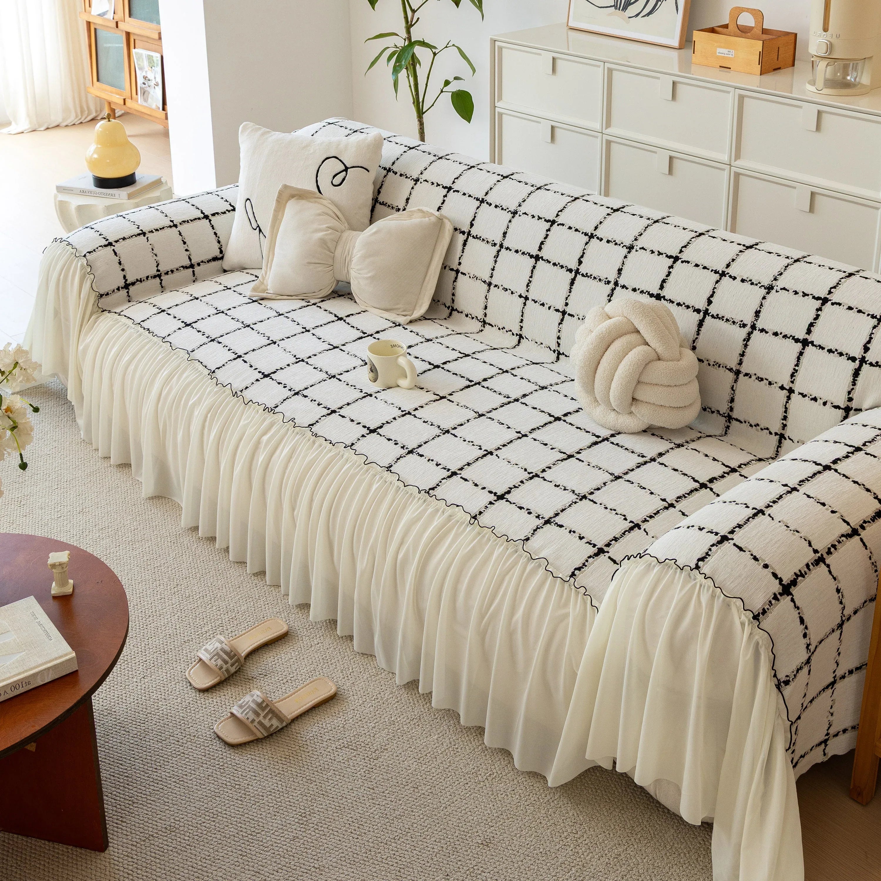 Grid Sofa Cover with Ruffle Skirt – Soft, Decorative, Full-Cover Couch Protector - TaroTextile
