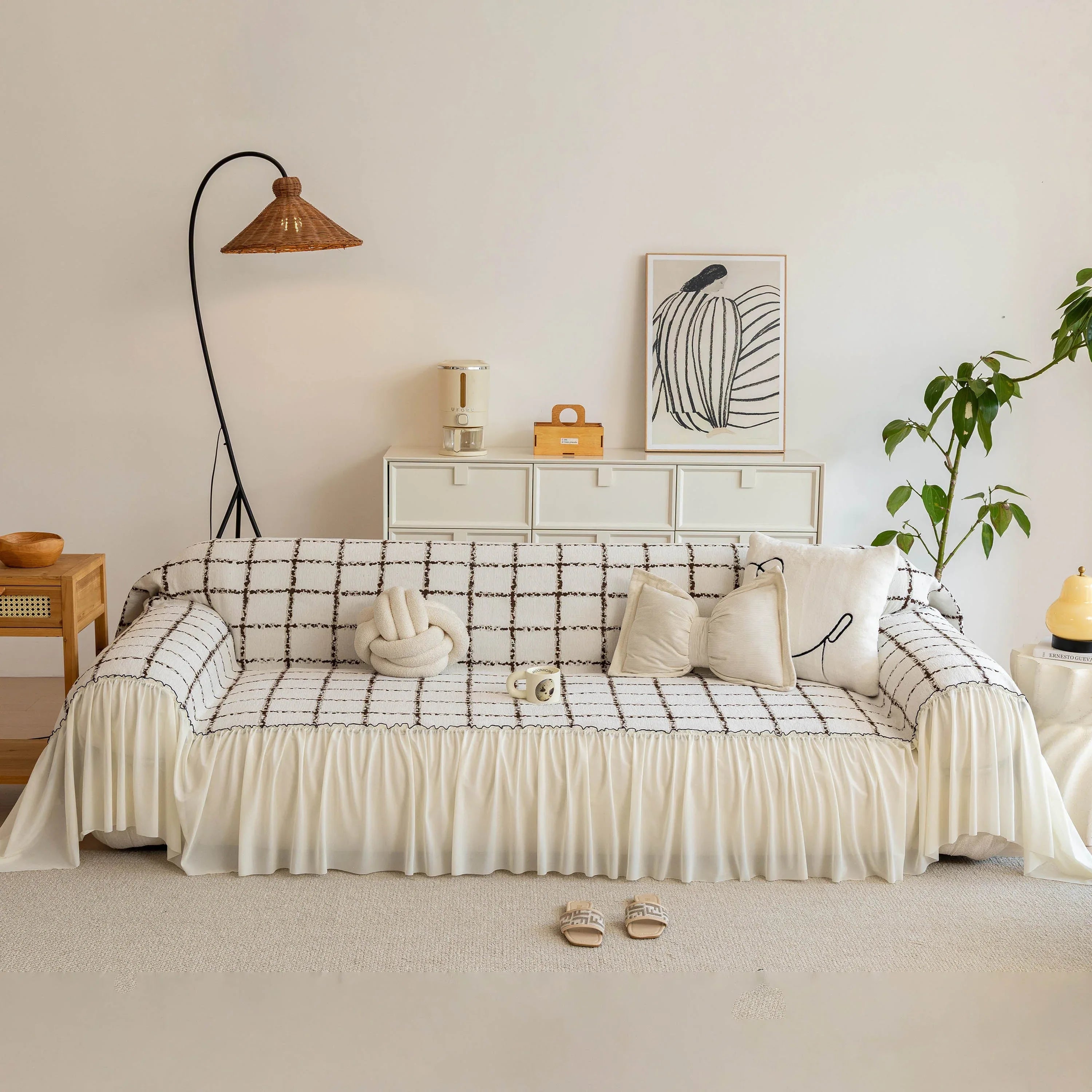 Grid Sofa Cover with Ruffle Skirt – Soft, Decorative, Full-Cover Couch Protector - TaroTextile