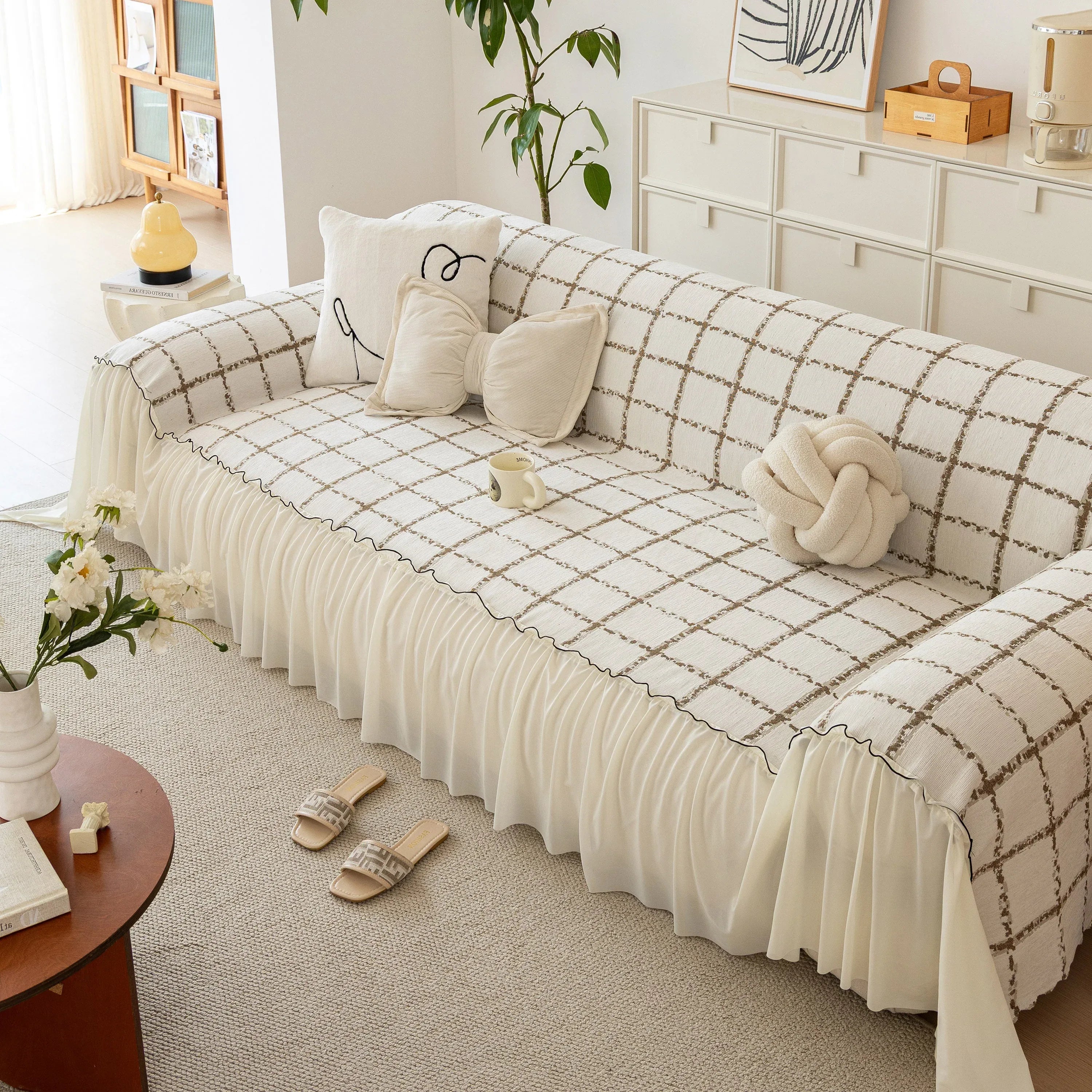 Grid Sofa Cover with Ruffle Skirt – Soft, Decorative, Full-Cover Couch Protector - TaroTextile