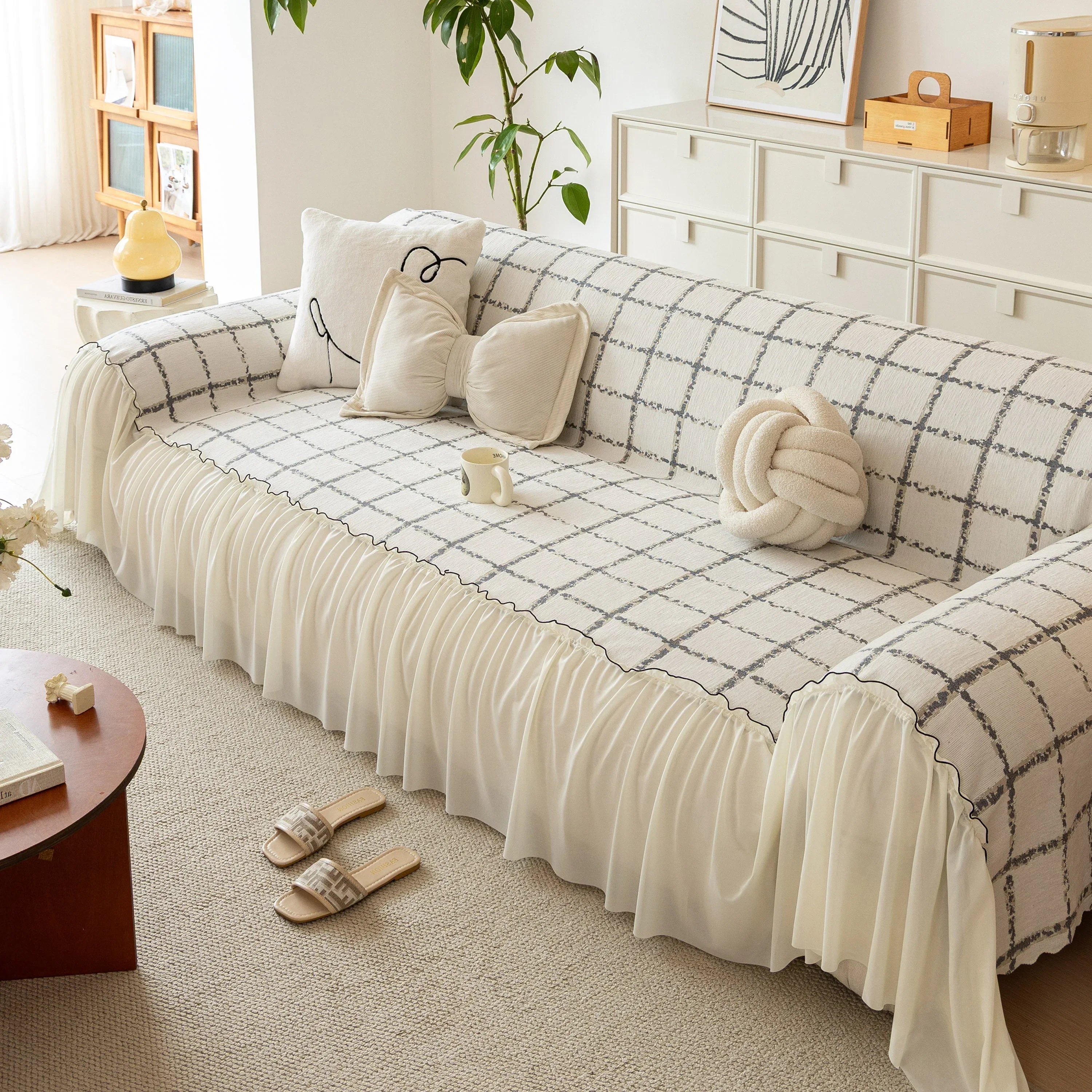 Grid Sofa Cover with Ruffle Skirt – Soft, Decorative, Full-Cover Couch Protector - TaroTextile
