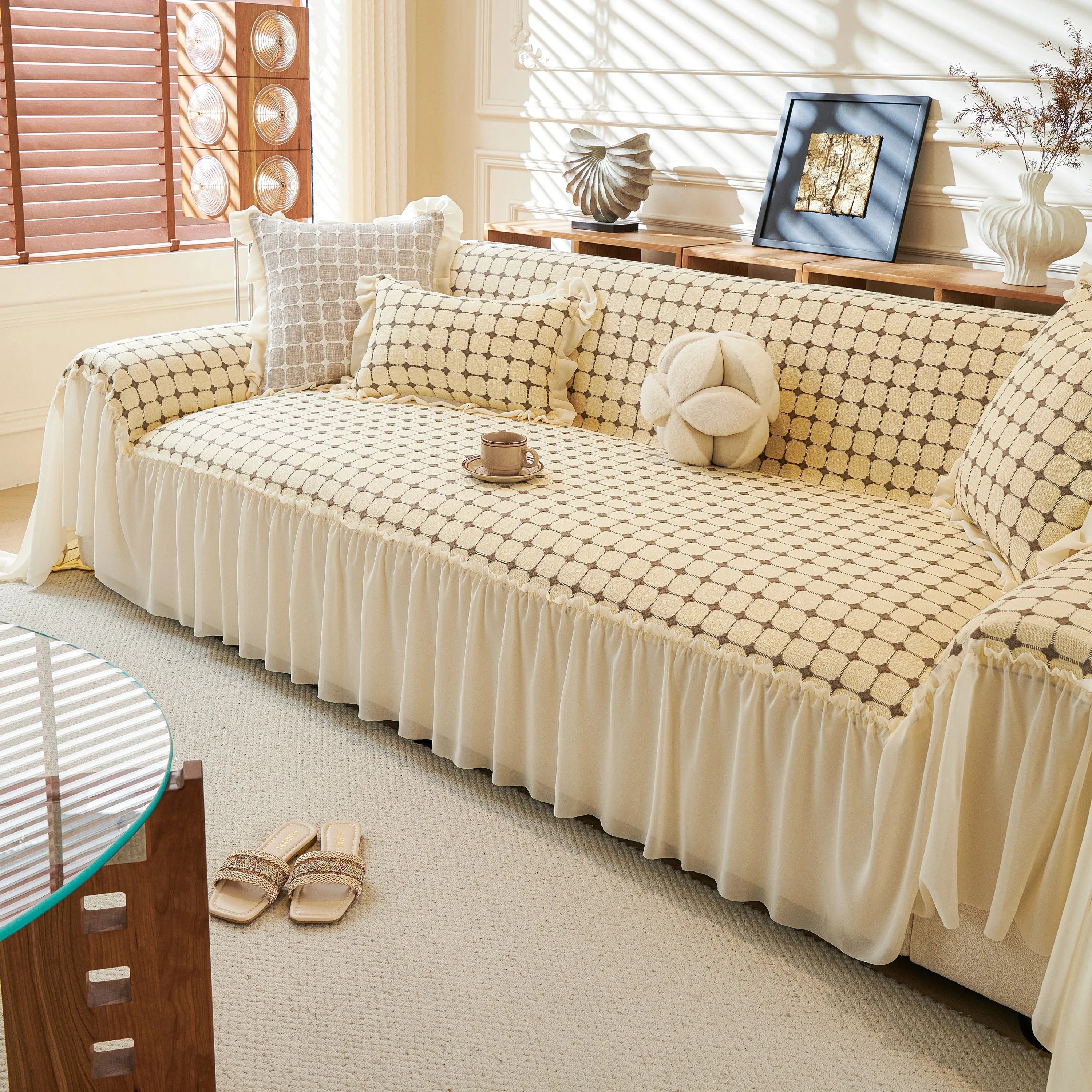 Grid Textured Sofa Cover with Sheer Ruffle Skirt, Pet-Friendly Sofa Throw Slipcover - TaroTextile