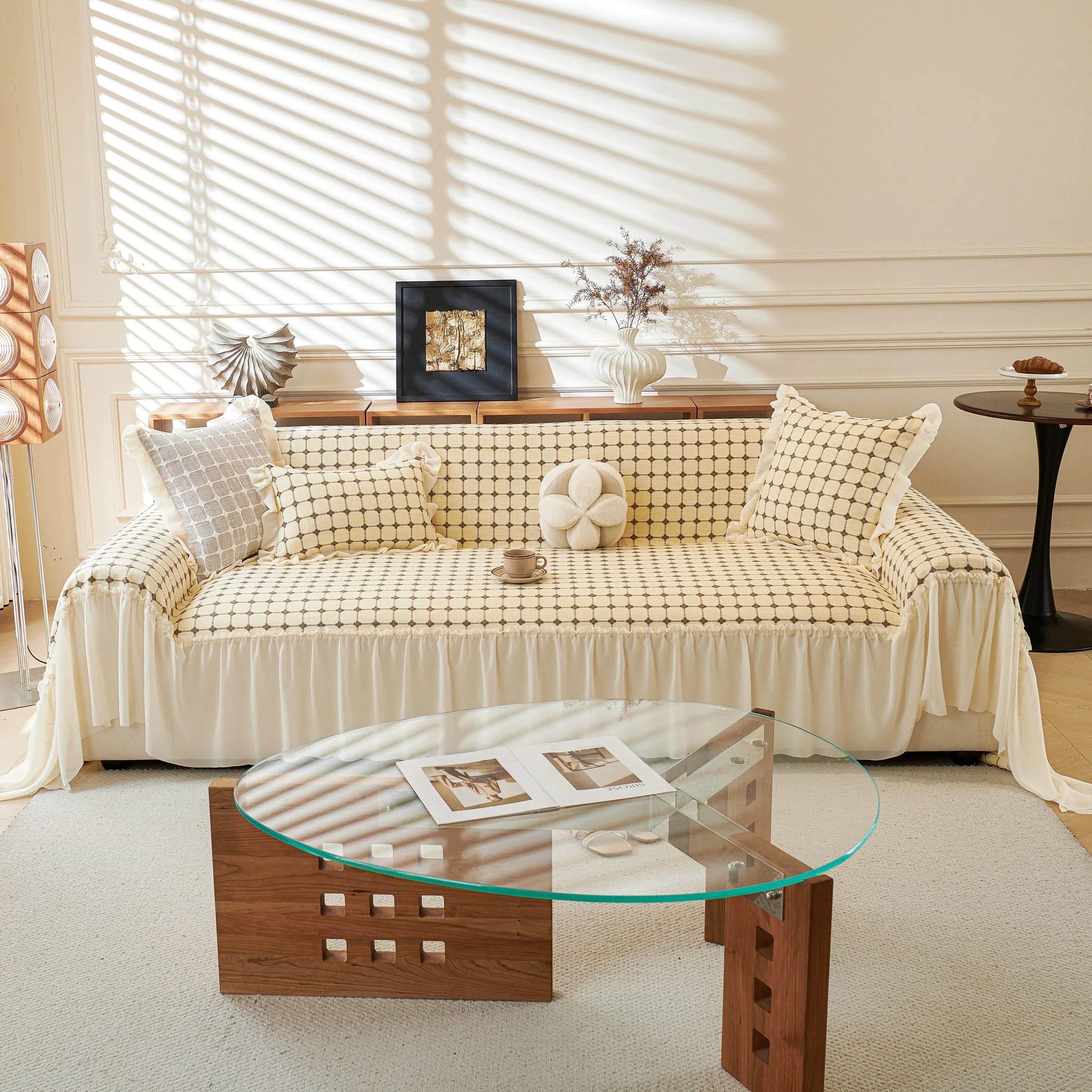 Grid Textured Sofa Cover with Sheer Ruffle Skirt, Pet-Friendly Sofa Throw Slipcover - TaroTextile