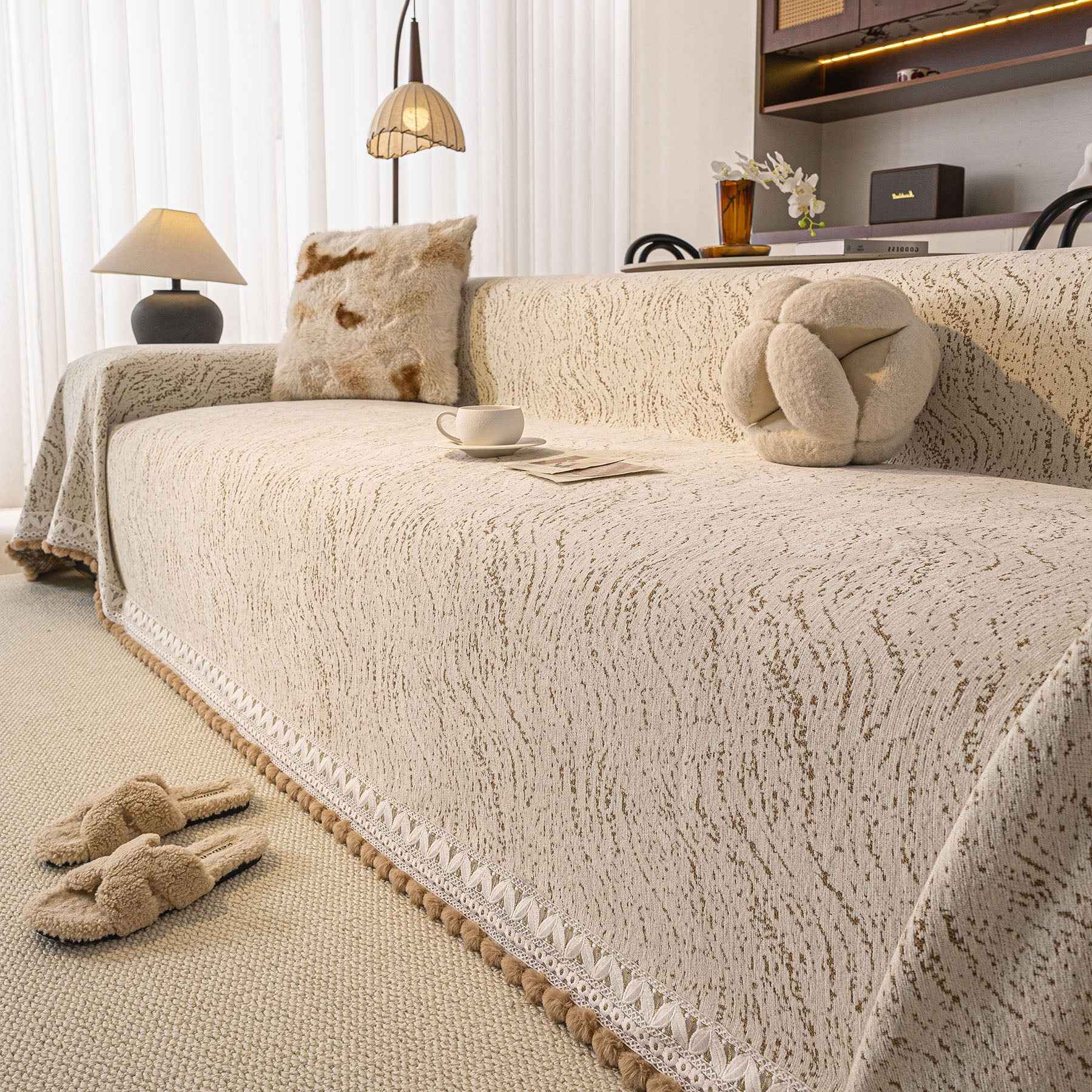 Luxury Elegant Chenille Sofa Throw Cover with Floral Embroidered Lace & Pom-Pom Trim