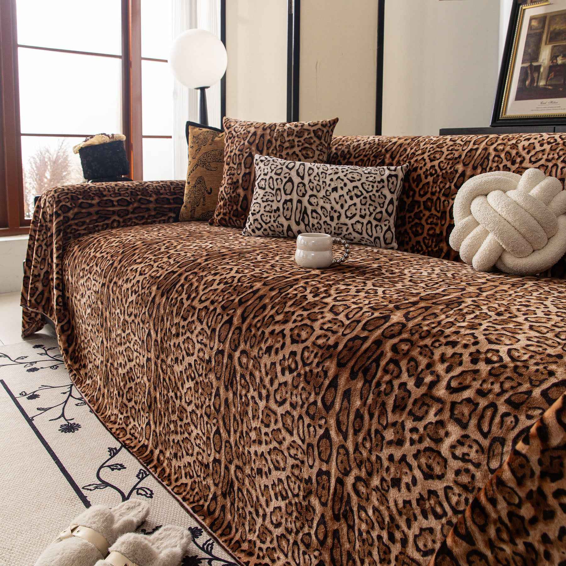 Leopard Print Flannel Sofa Throw Cover, Soft Couch Protector for Pets, Kids & Home