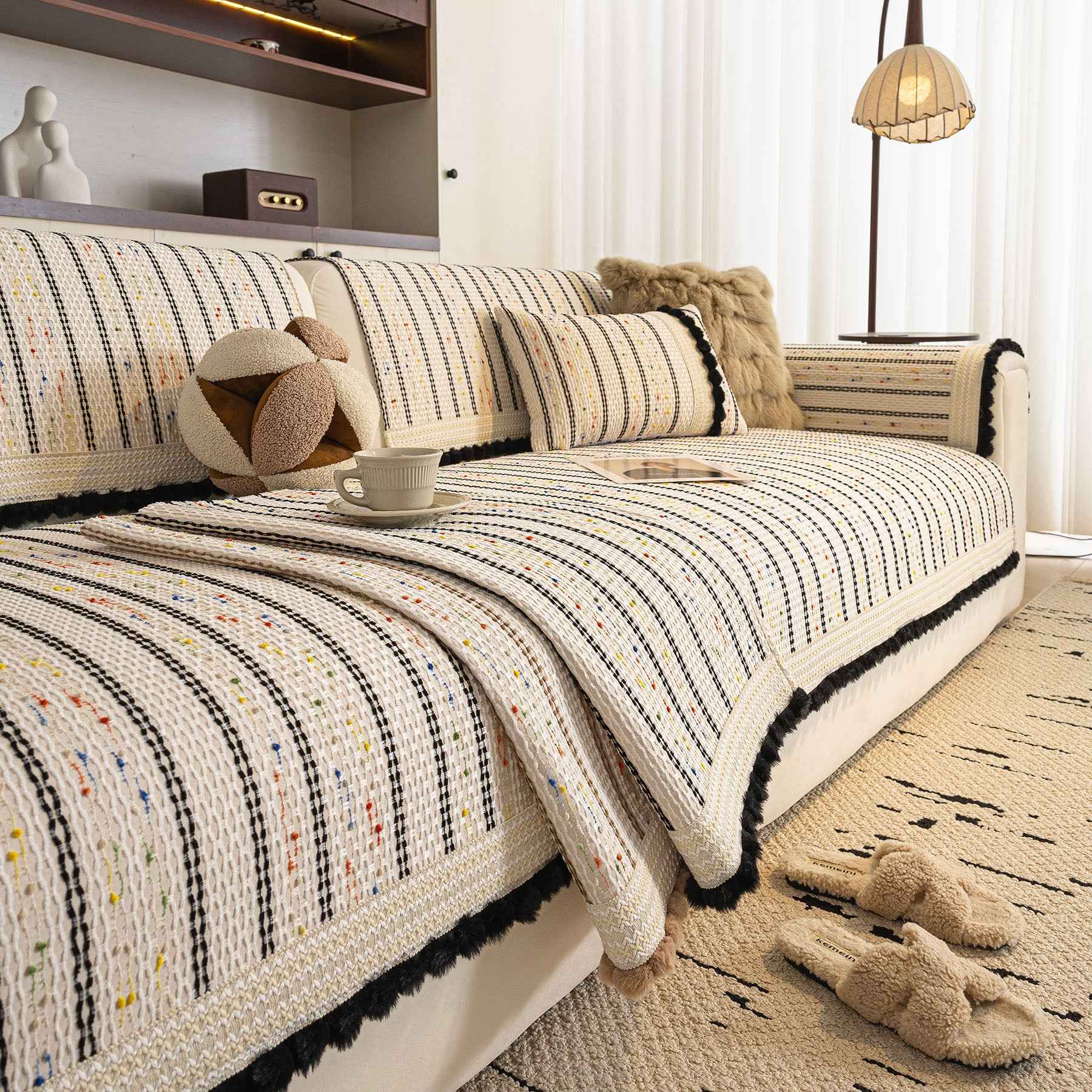 Textured Striped Sofa Cover with Plush Trim, Non-Slip Couch Protector Sectional Covers