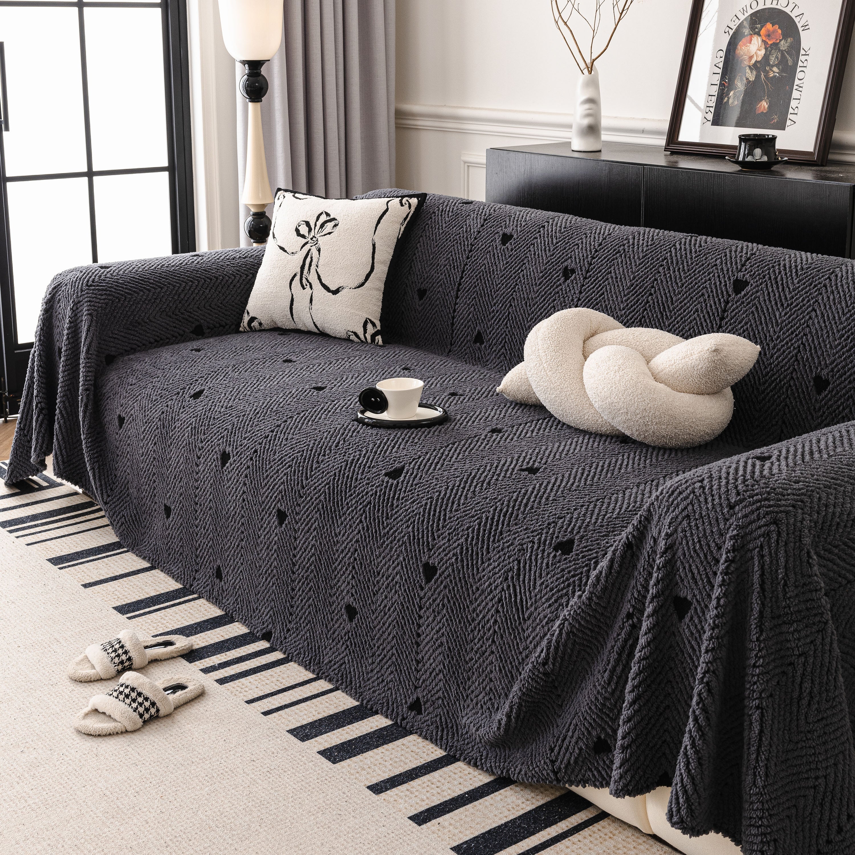 Thick Plush Sofa Cover Throw for Couch, 3D Textured Herringbone Washable Slipcover