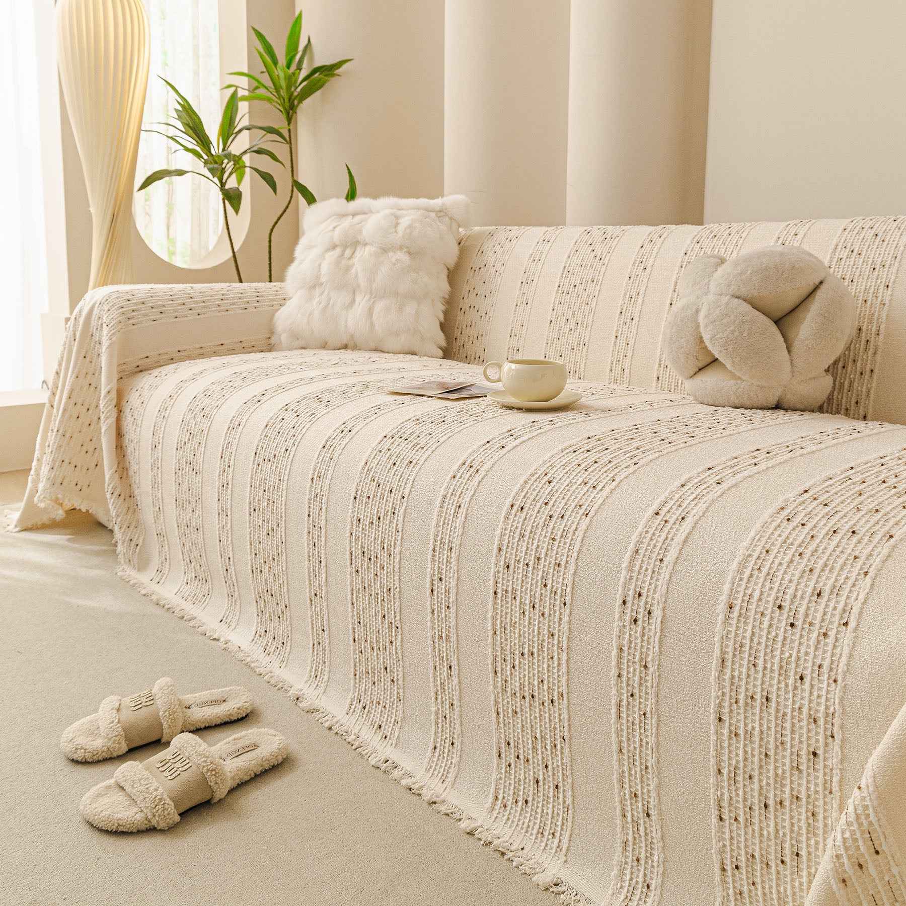 Textured Striped Sofa Throw Cover, Soft Woven Couch Protector with Fringe Edges