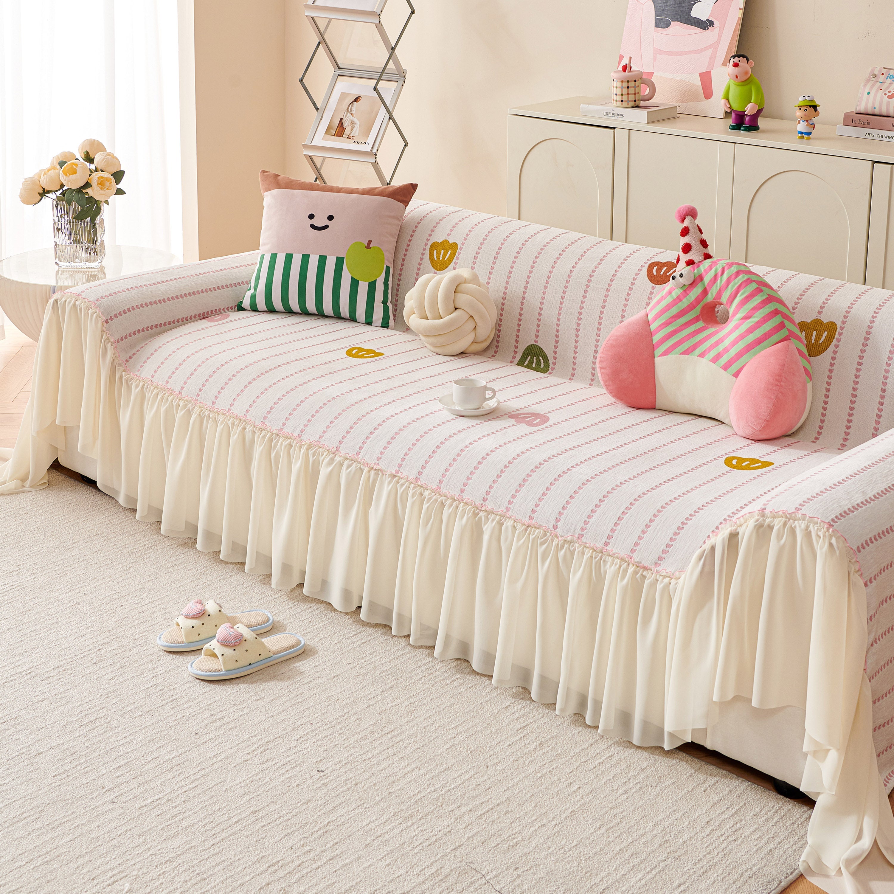 Cute Dotted Stripe Couch Protector, Non-Slip Washable Sofa Cover with Ruffled Skirt