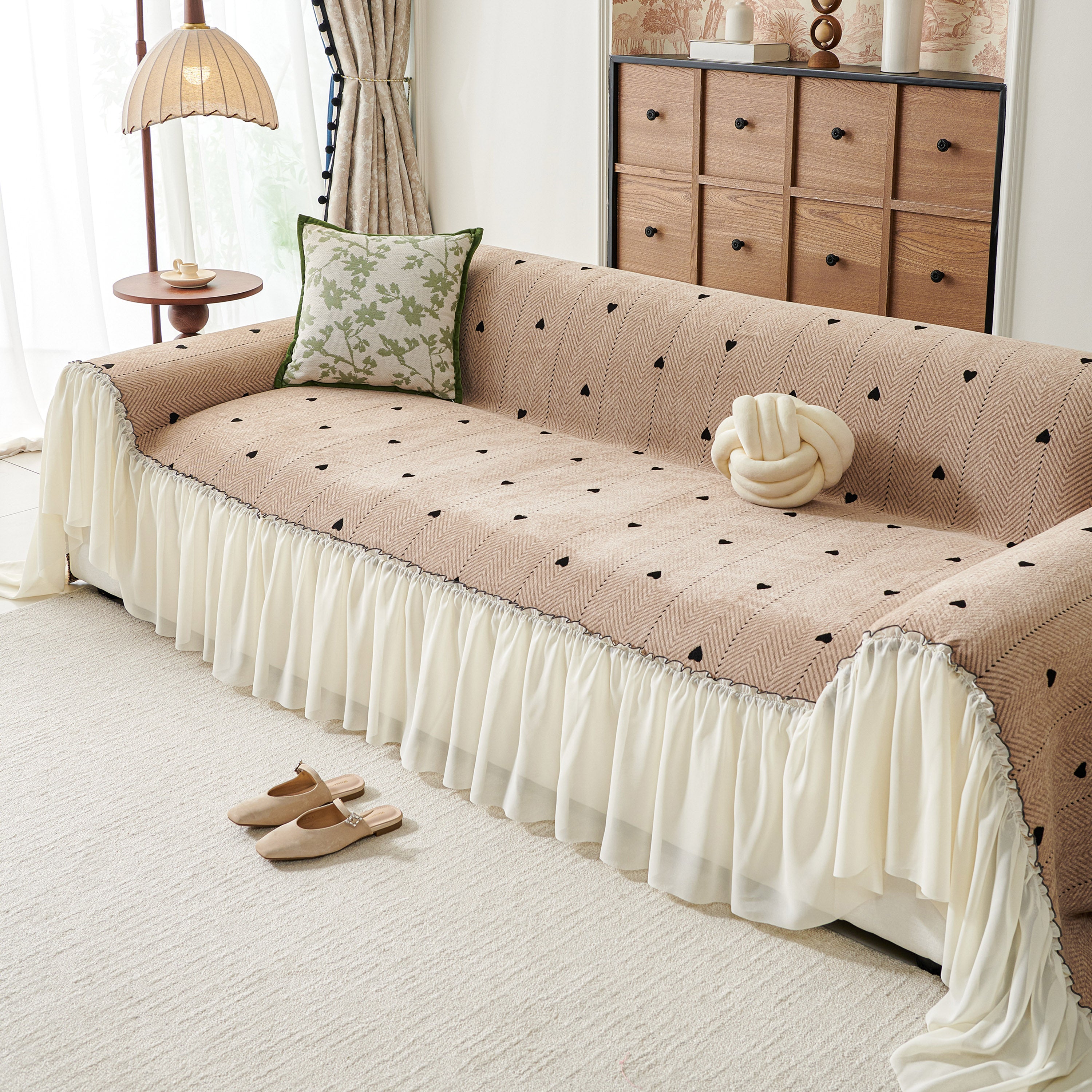 Cottagecore Ruffled Sofa Slipcover, Shabby Chic Couch Protector Cover for Living Room