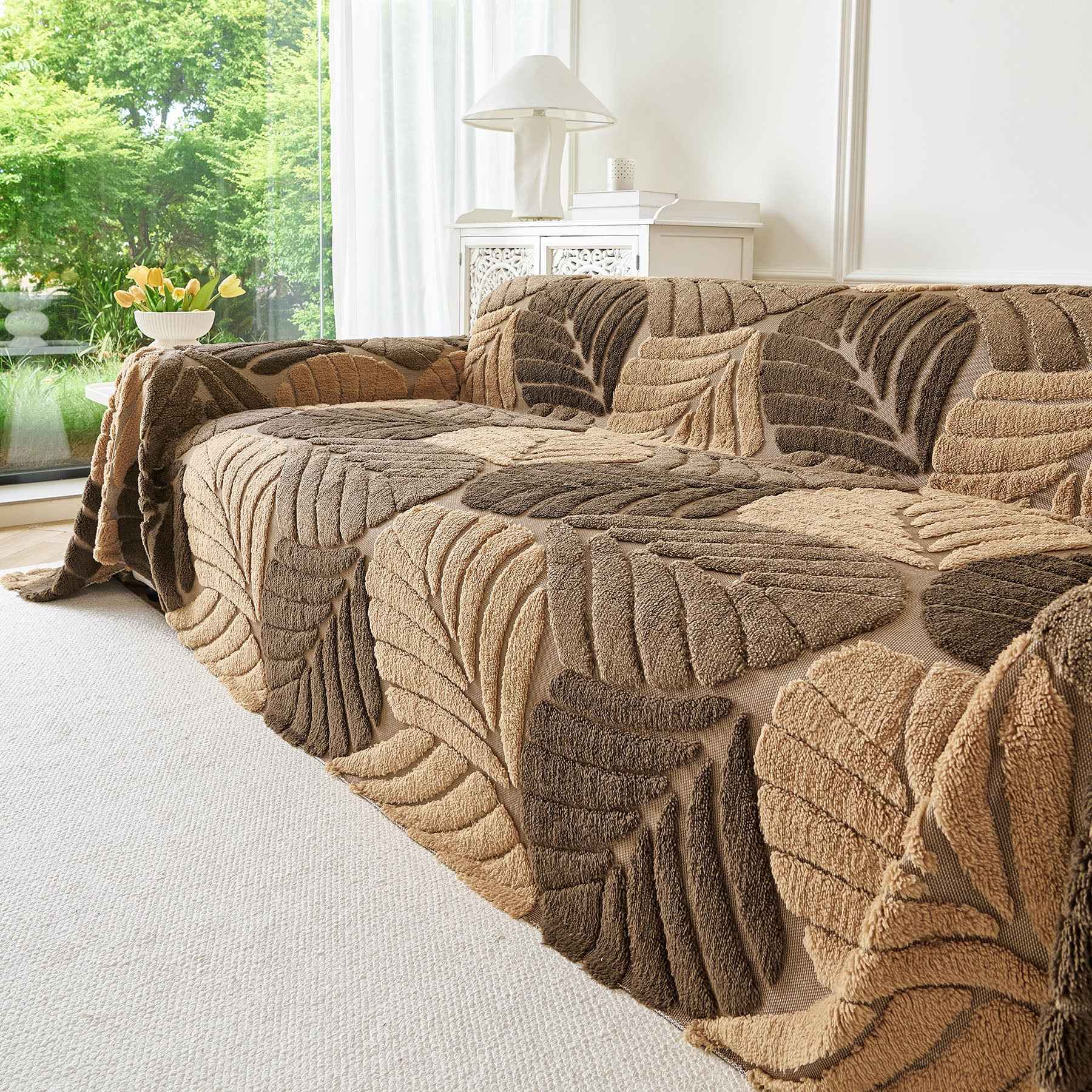 Plush Fleece Leaf Pattern Sofa Throw Cover, Soft Couch Protector Couch Cover Blanket