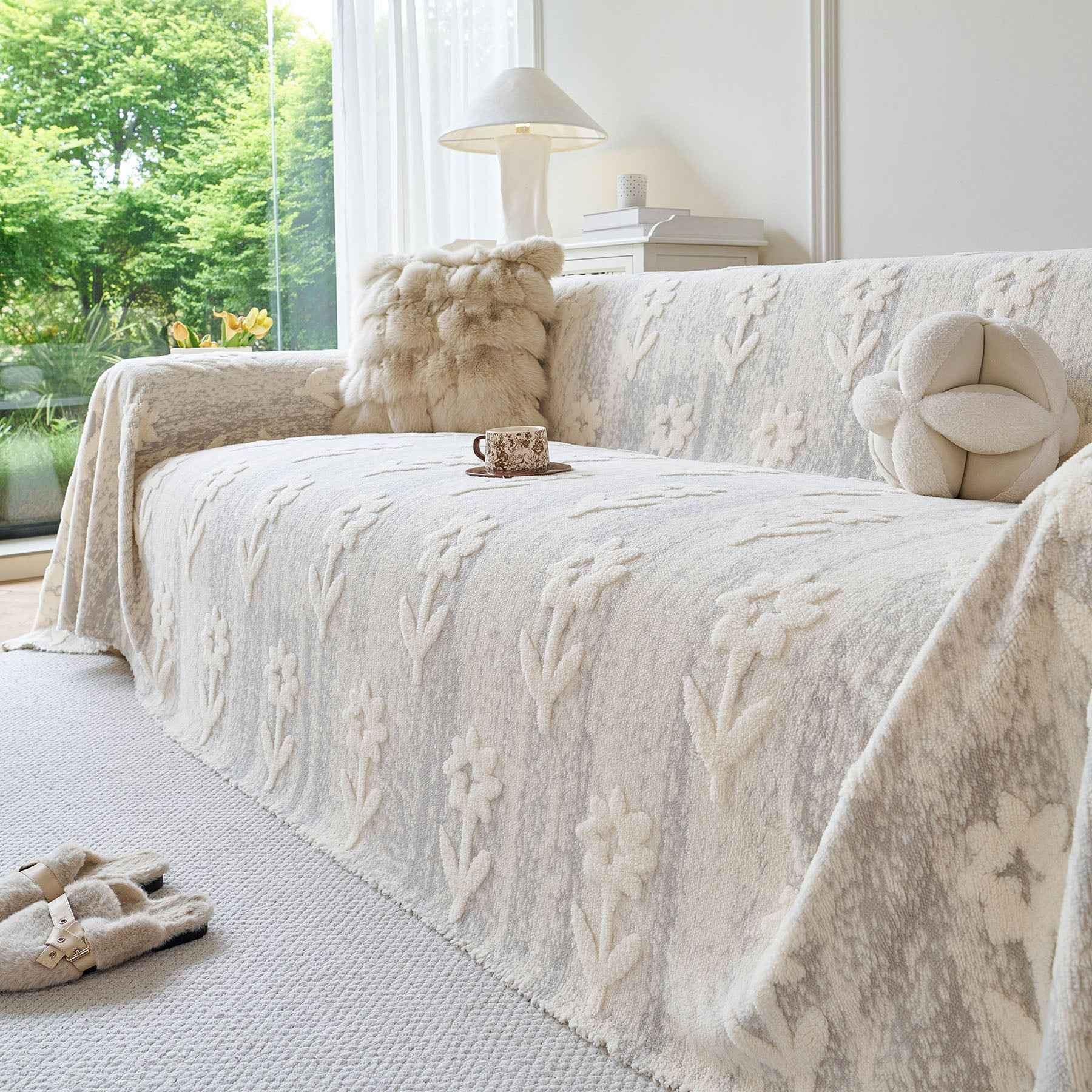 Floral Plush Fleece Sofa Throw Cover, Soft Warm Couch Protector Slip Cover for Couch