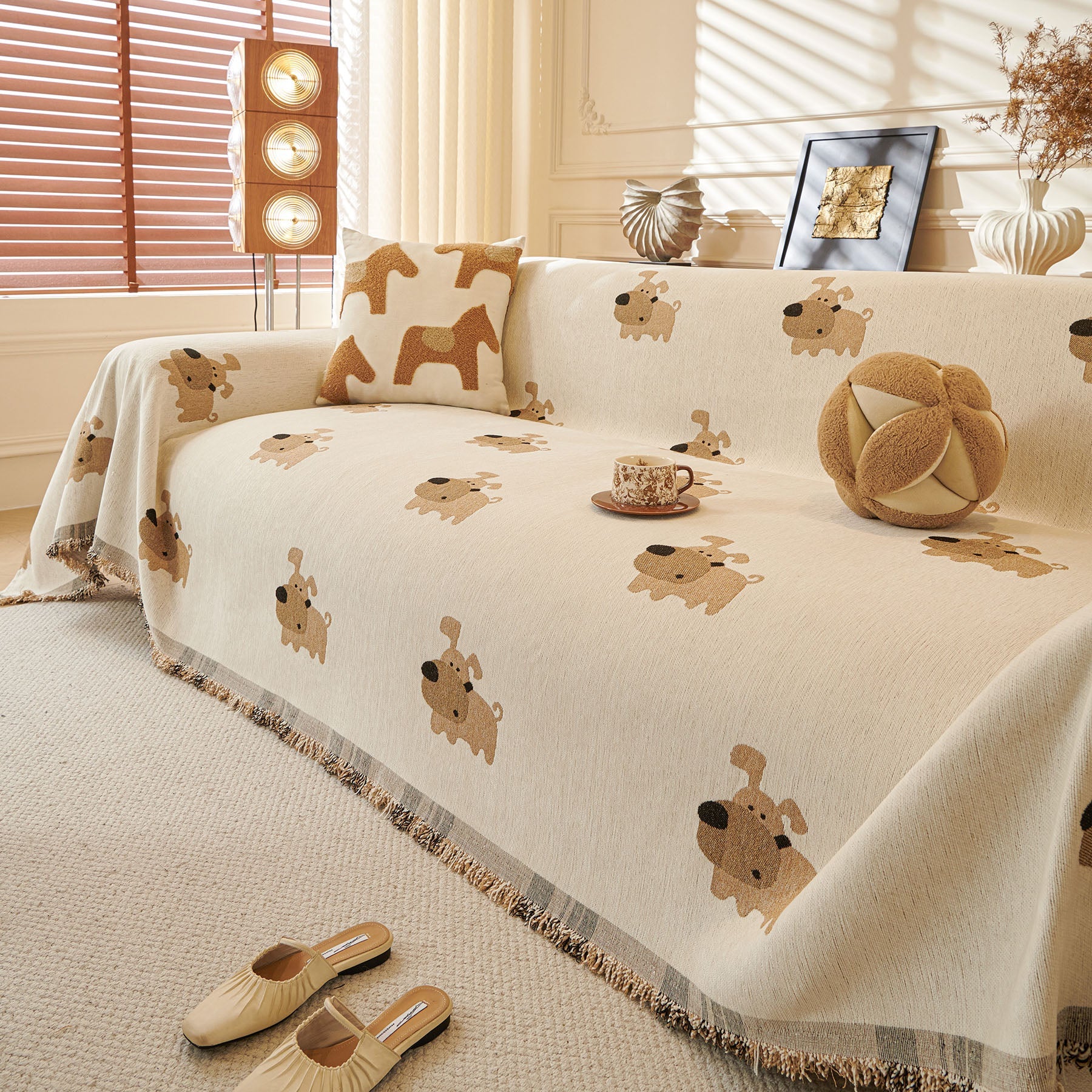 Cute Dog Pattern Chenille Sofa Throw Cover, Textured Woven Furniture Covers for Pets