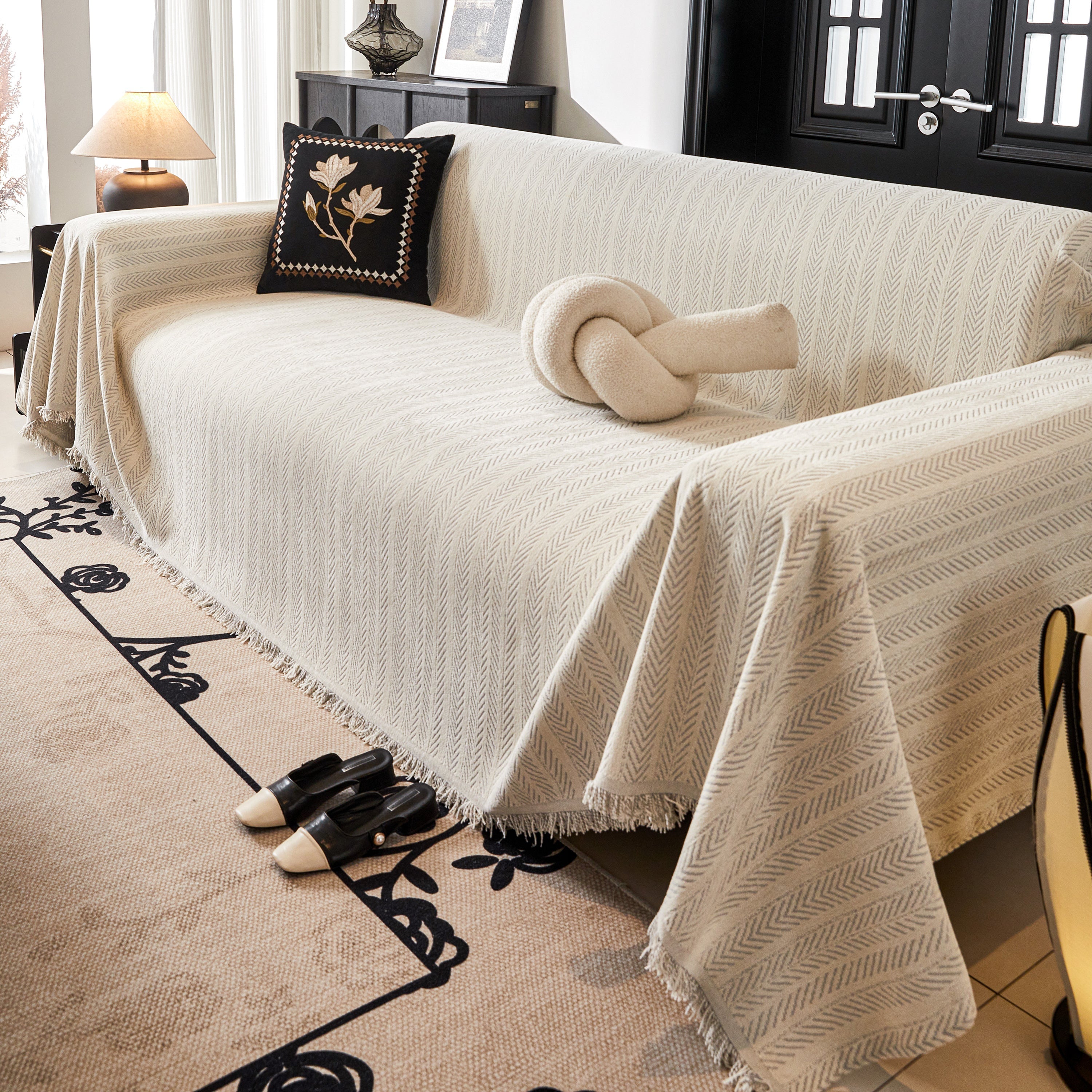 Herringbone Chenille Couch Cover Blanket Soft Durable Throw Sofa Protector with Tassel