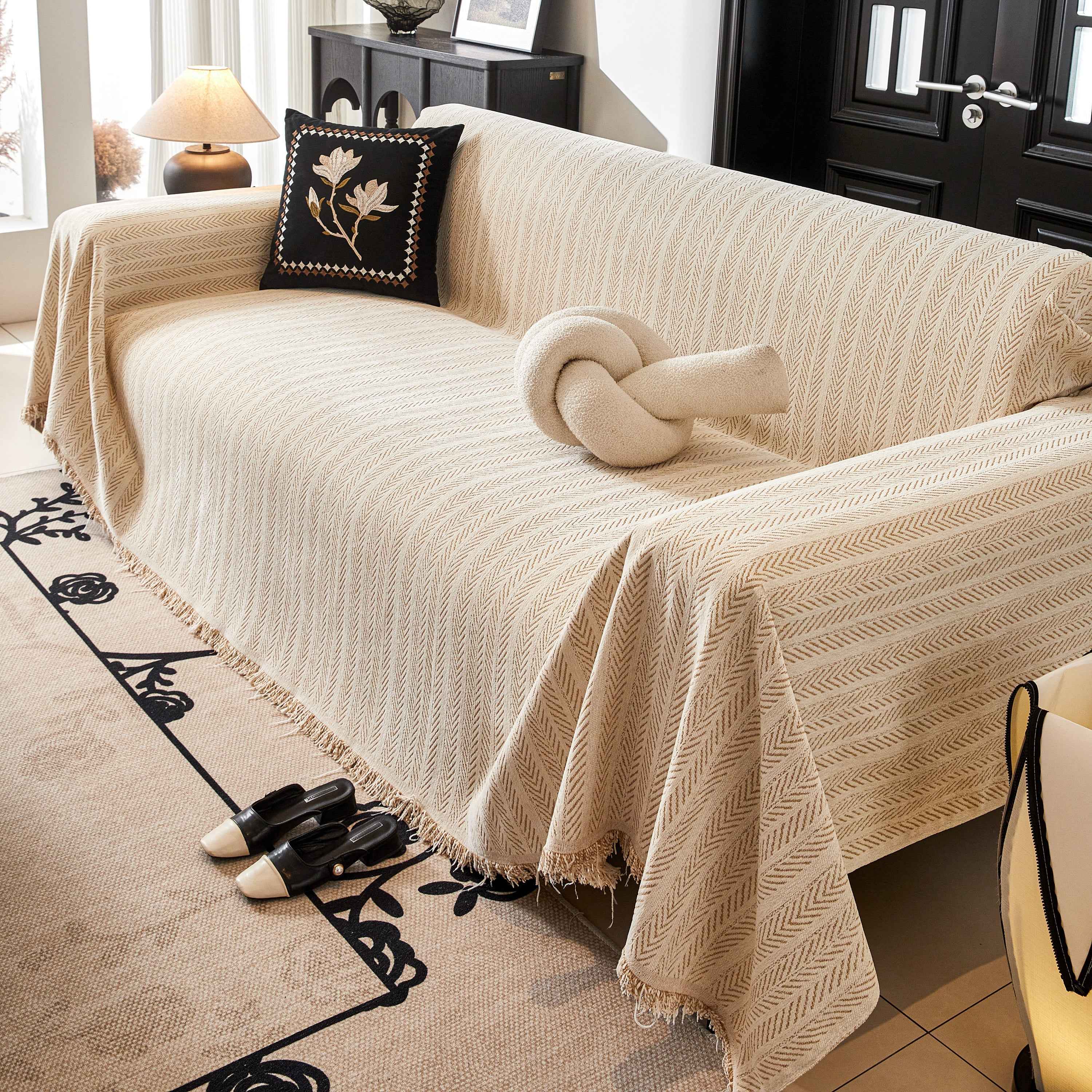 Herringbone Chenille Couch Cover Blanket Soft Durable Throw Sofa Protector with Tassel