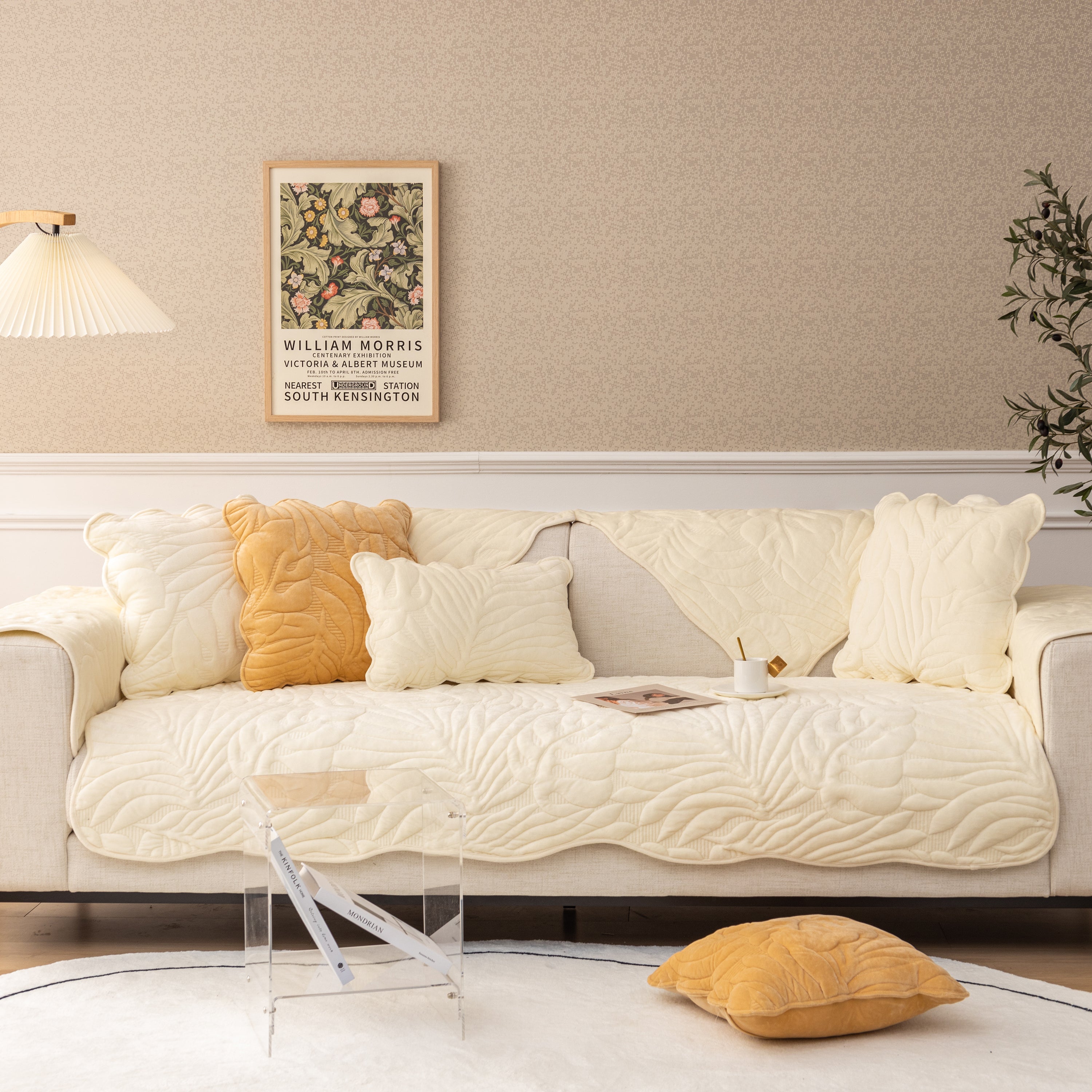 Soft Furry Velvet Plush Non-Slip Sofa Cover Quilted Palm Leaves Sectional Couch Cover for Kids and Pets