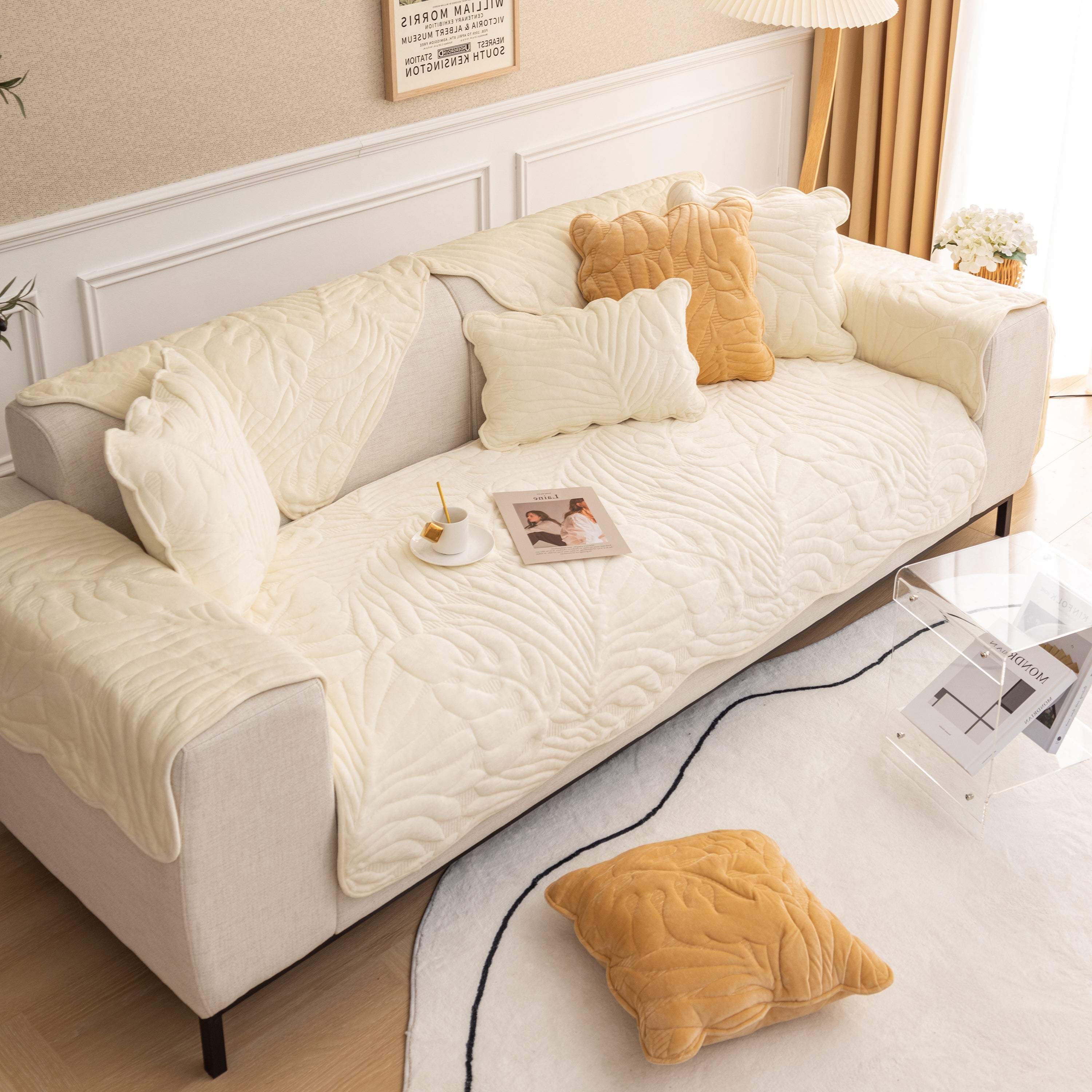 Soft Furry Velvet Plush Non-Slip Sofa Cover Quilted Palm Leaves Sectional Couch Cover for Kids and Pets