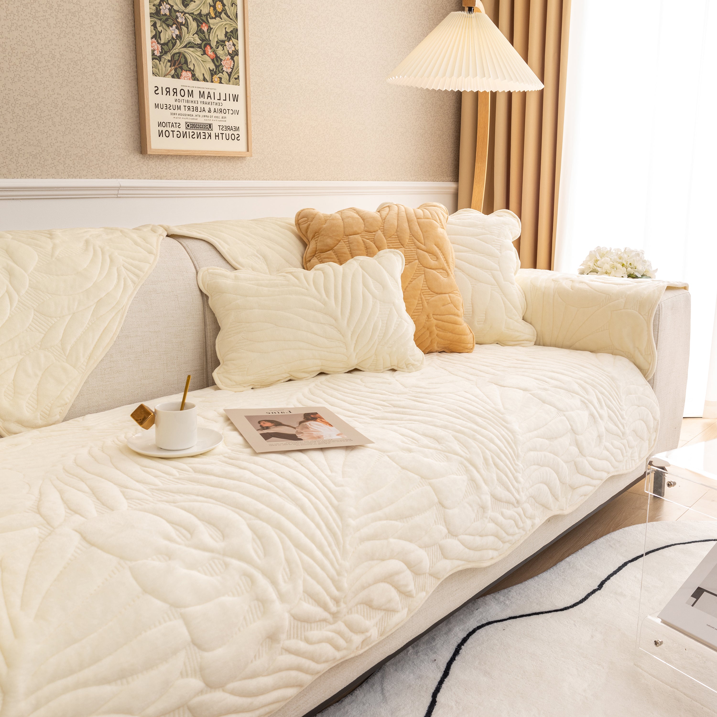 Soft Furry Velvet Plush Non-Slip Sofa Cover Quilted Palm Leaves Sectional Couch Cover for Kids and Pets