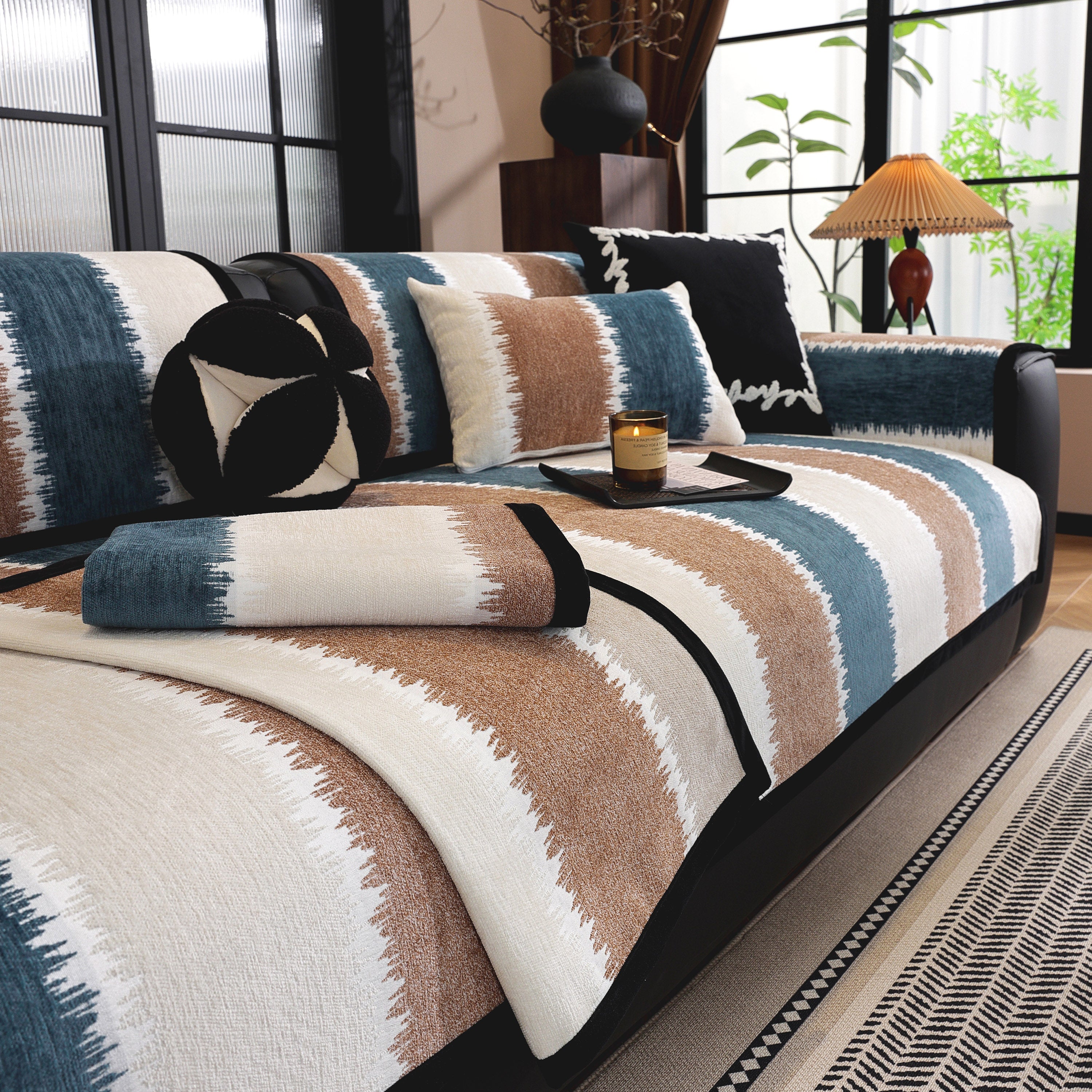 Striped Colorblock Non-Slip Sectional Couch Covers, Chenille Sofa Protector Cover