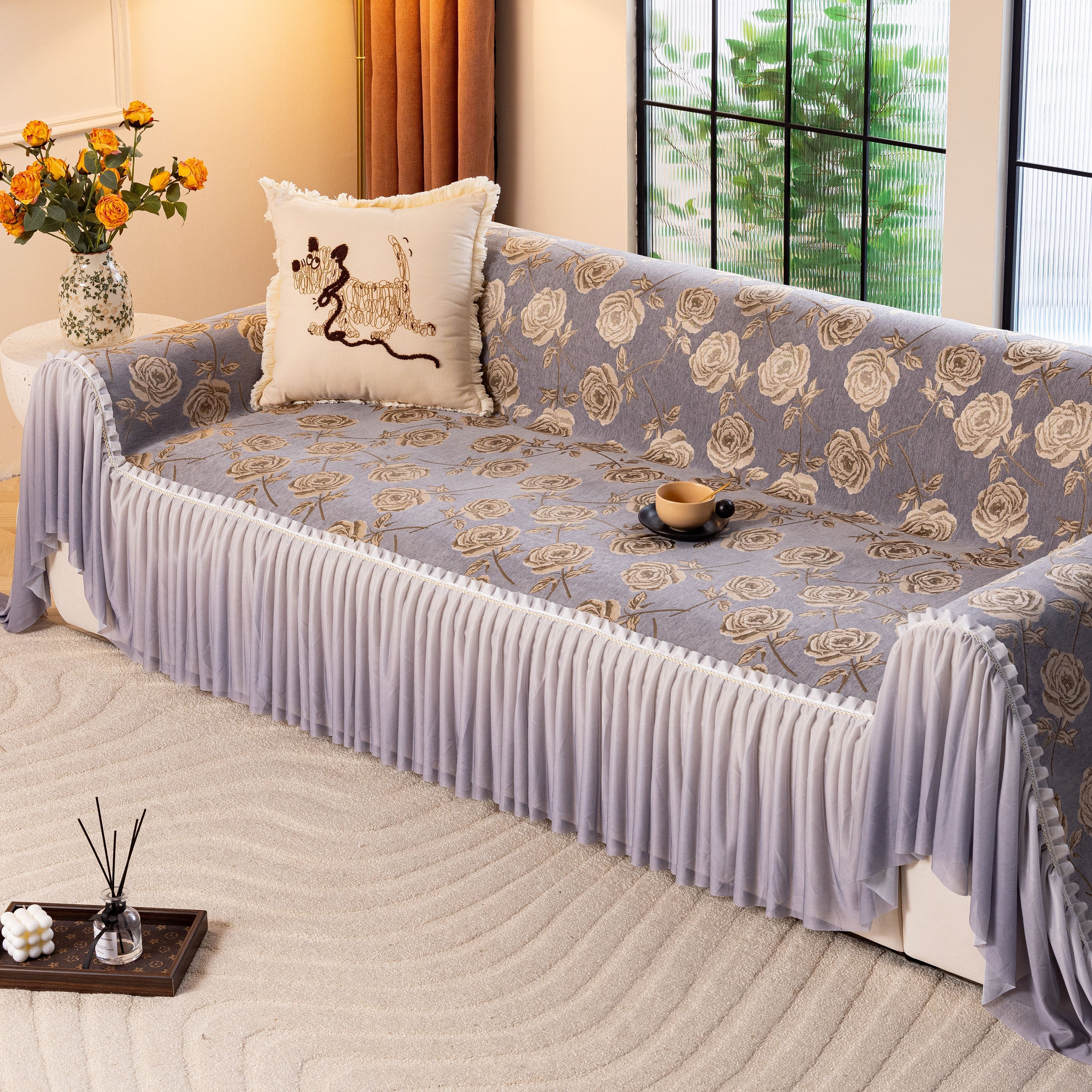 French Country Floral Sofa Cover with Ruffled Skirt, Farmhouse Decor for Living Room