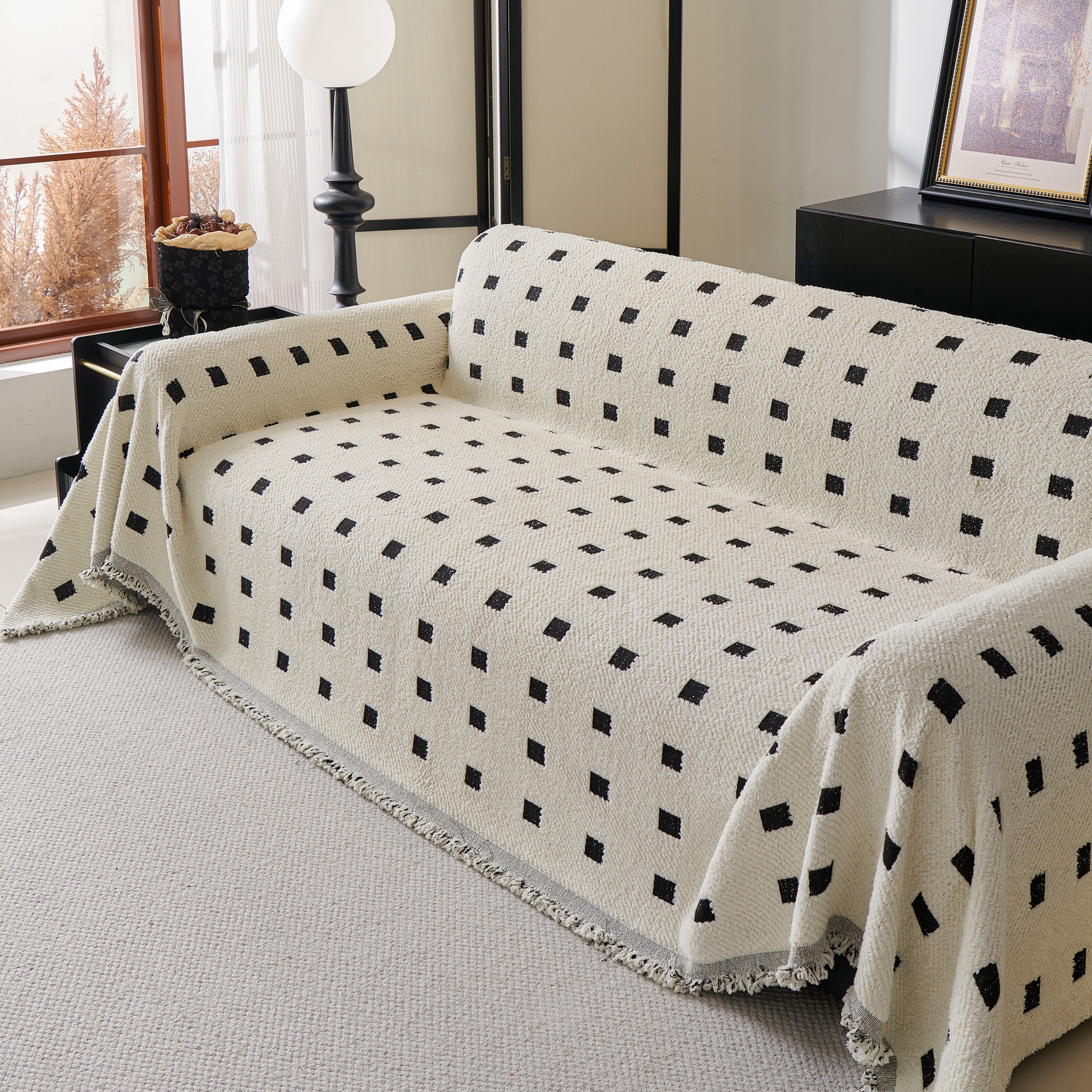 Sofa Throw Blanket with Woven Geometric Pattern & Tassels, Soft & Thick Couch Cover