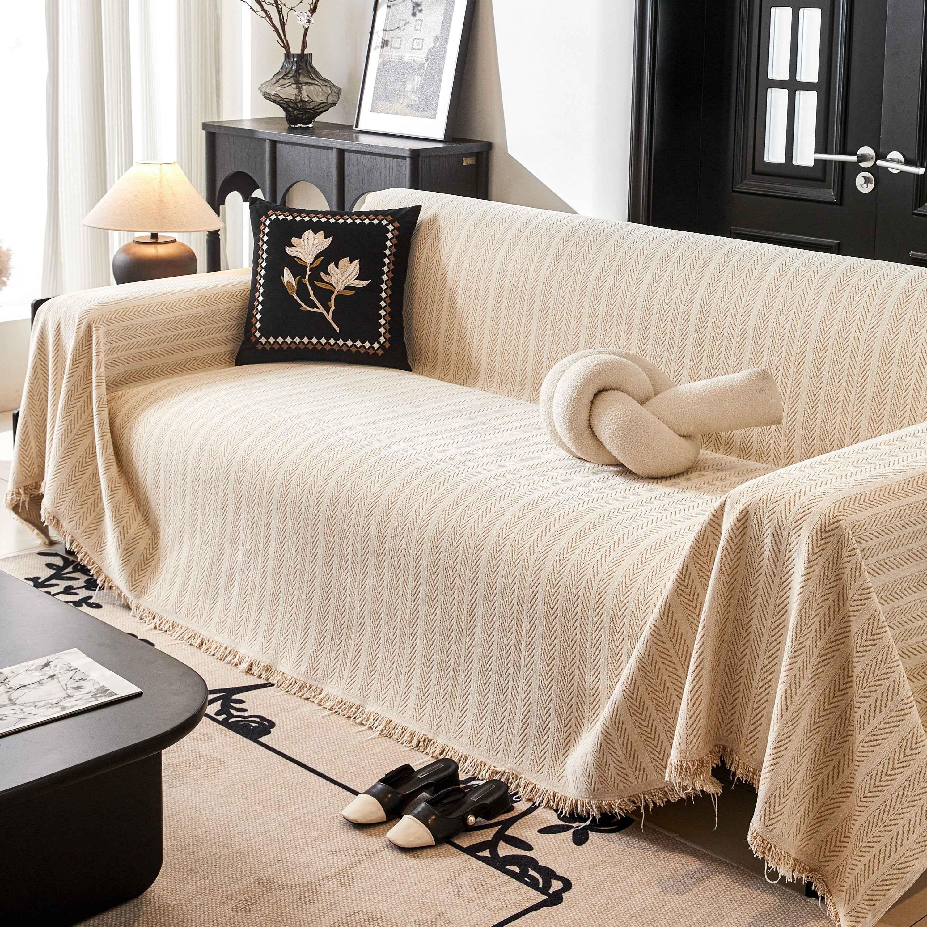 Herringbone Chenille Couch Cover Blanket Soft Durable Throw Sofa Protector with Tassel - TaroTextile