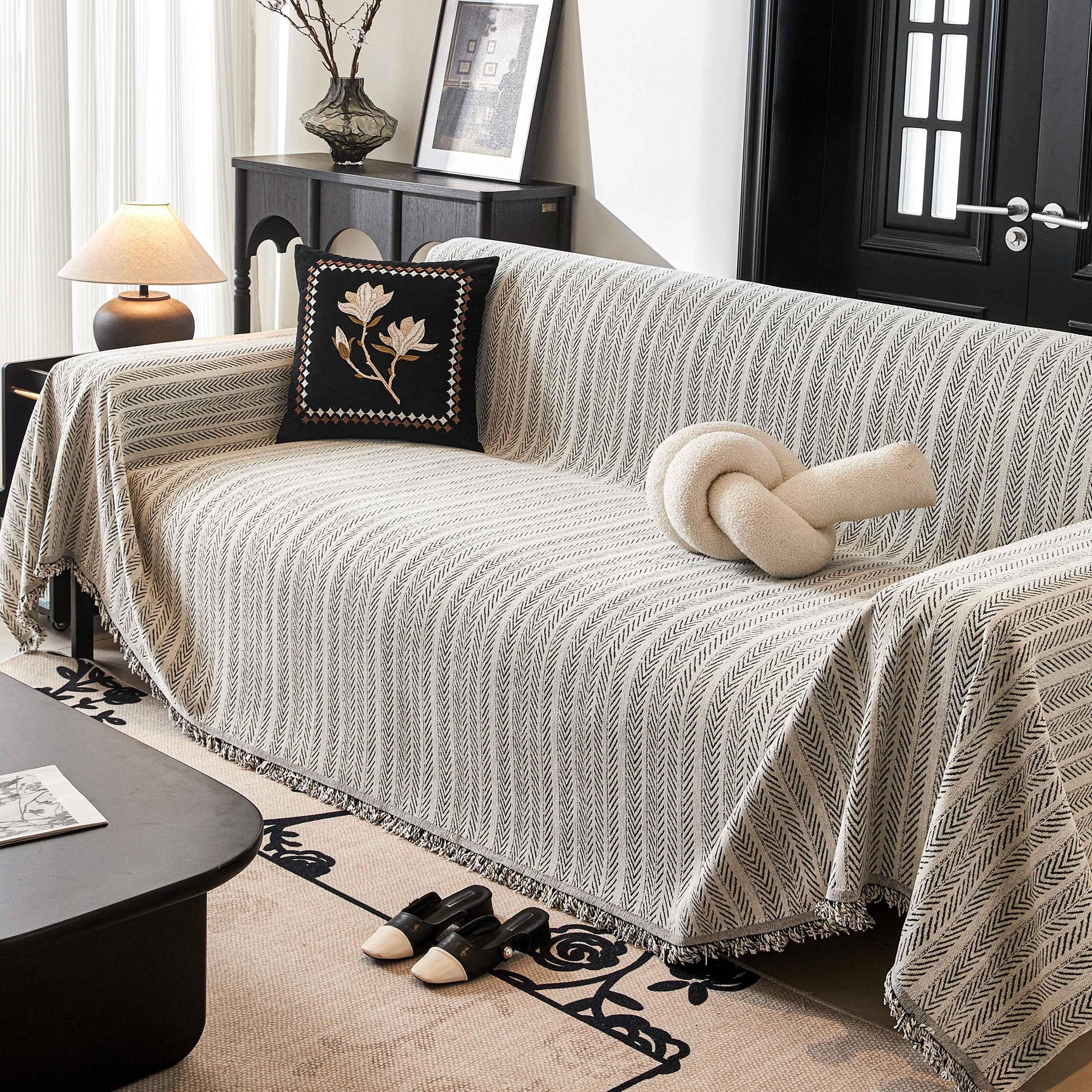Herringbone Chenille Couch Cover Blanket Soft Durable Throw Sofa Protector with Tassel - TaroTextile
