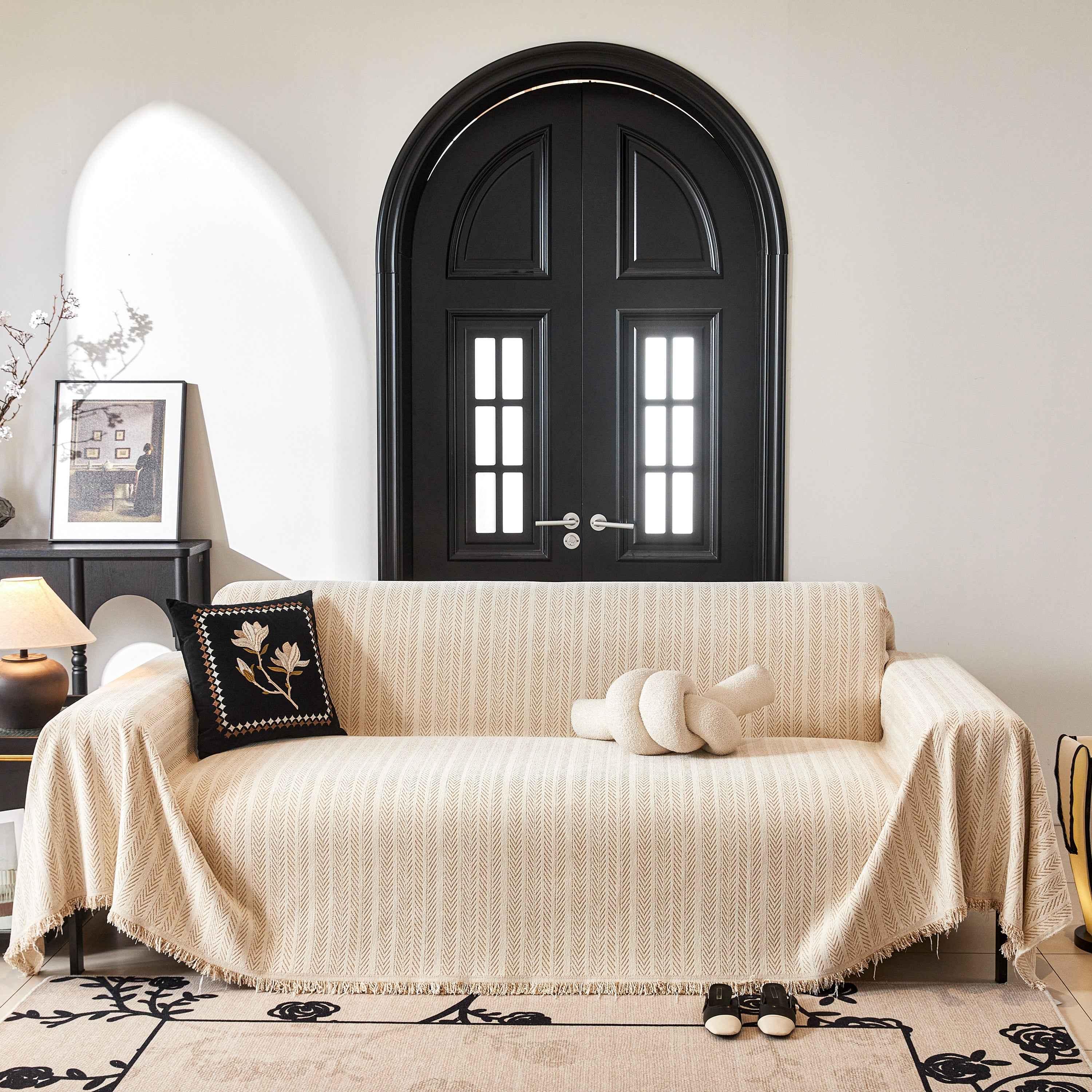 Herringbone Chenille Couch Cover Blanket Soft Durable Throw Sofa Protector with Tassel - TaroTextile