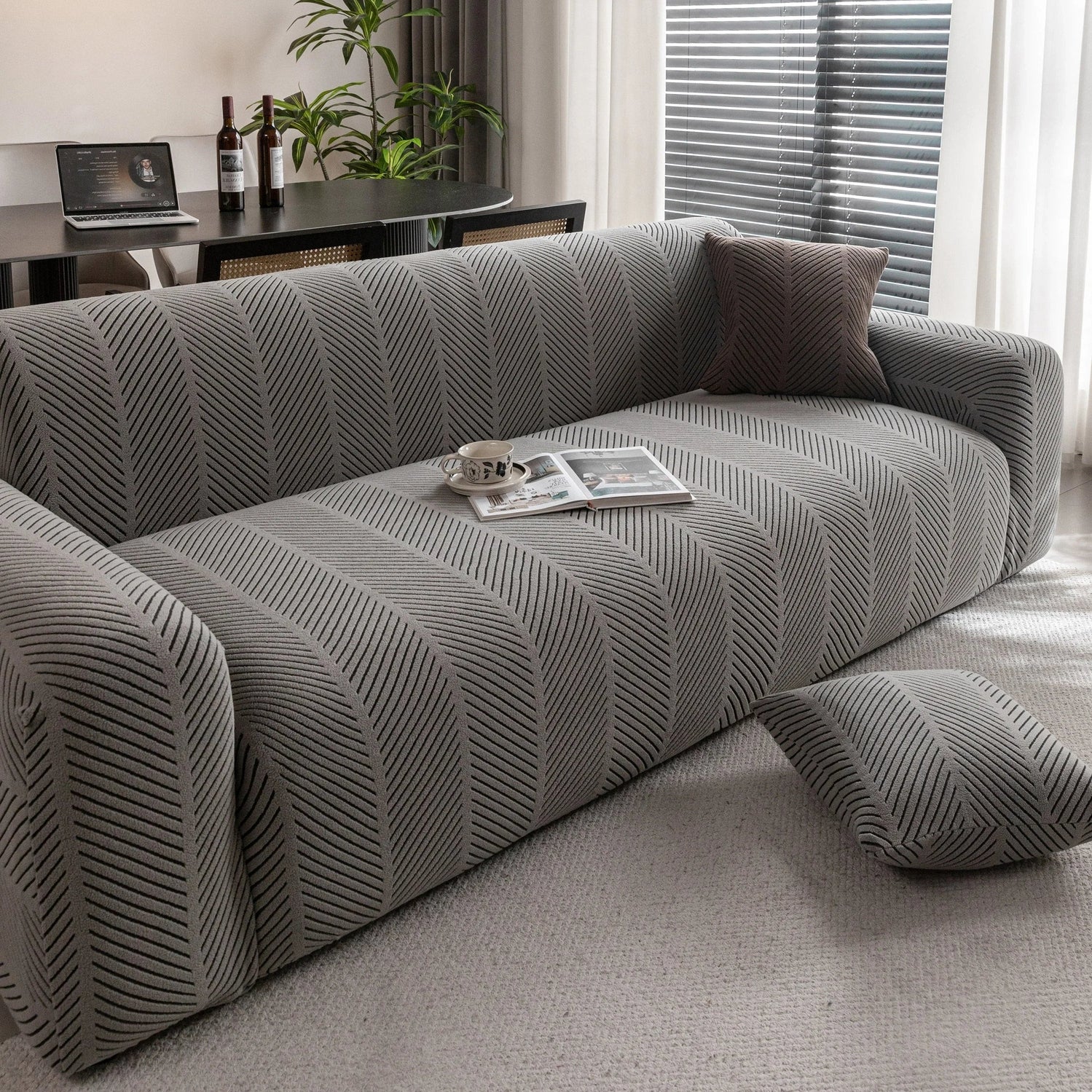 High Stretch Chevron Sofa Cover, Soft Washable Textured Jacquard Slipcover for Couch - TaroTextile
