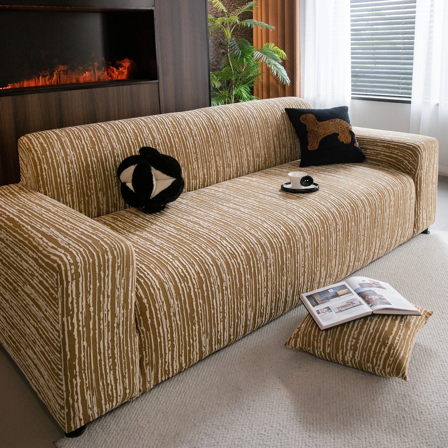 High Stretch Couch Slipcover with Abstract Stripe, Washable Non-Slip Cover for Dogs - TaroTextile