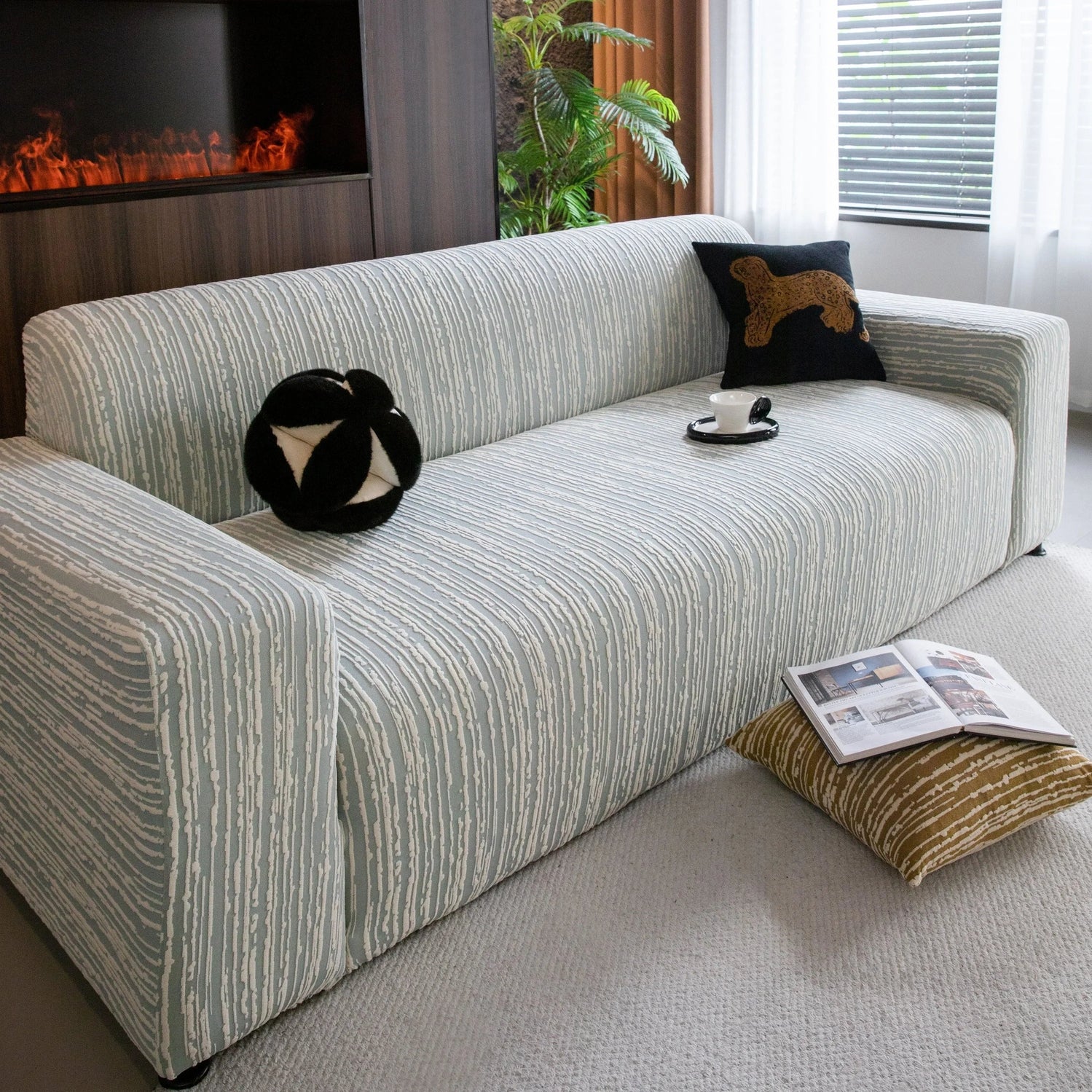 High Stretch Couch Slipcover with Abstract Stripe, Washable Non-Slip Cover for Dogs - TaroTextile