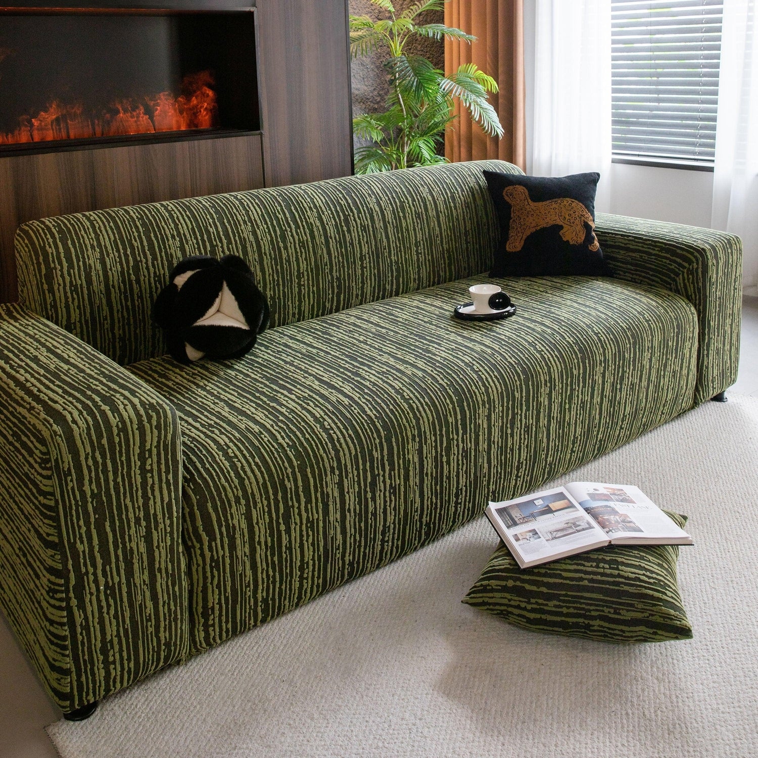 High Stretch Couch Slipcover with Abstract Stripe, Washable Non-Slip Cover for Dogs - TaroTextile