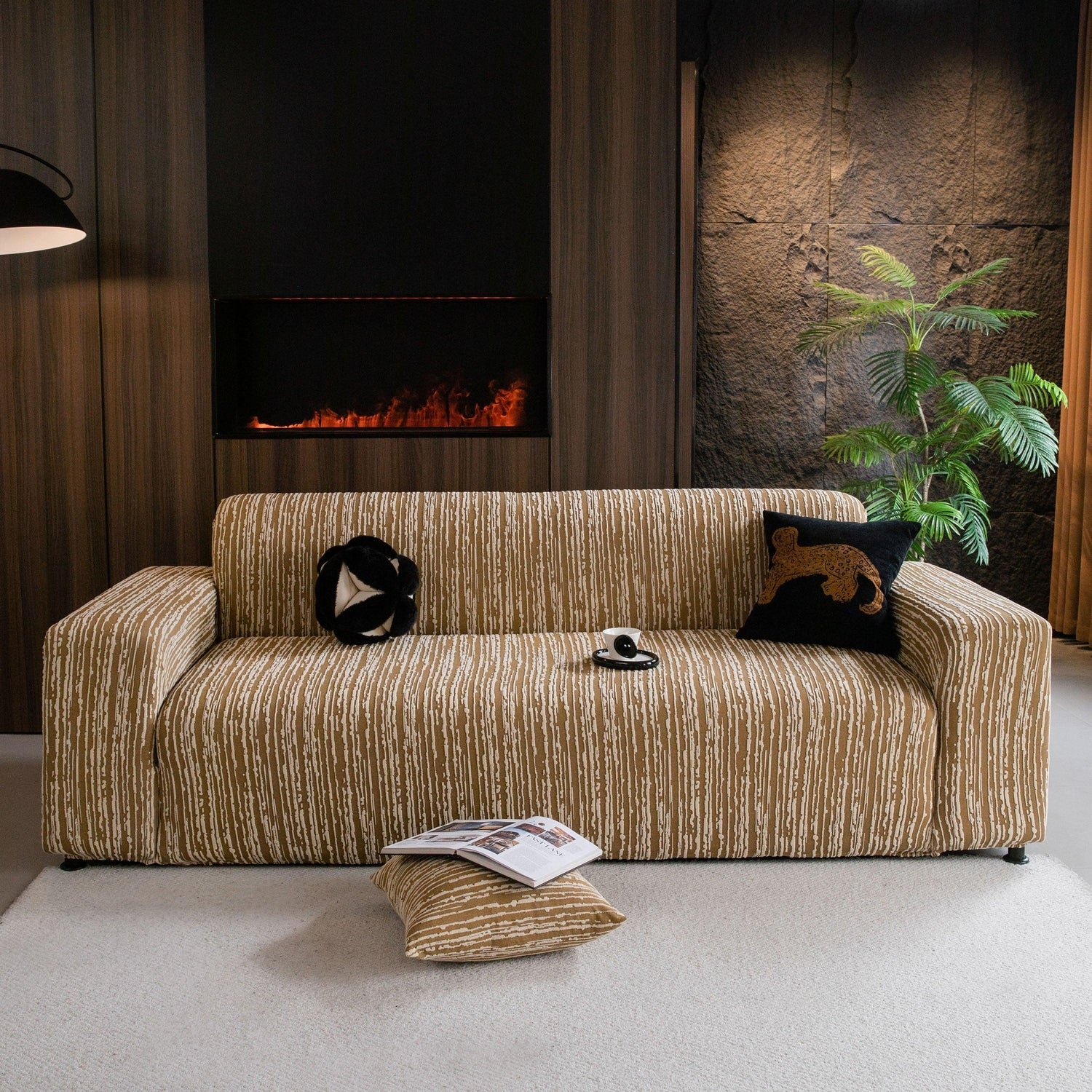 High Stretch Couch Slipcover with Abstract Stripe, Washable Non-Slip Cover for Dogs - TaroTextile