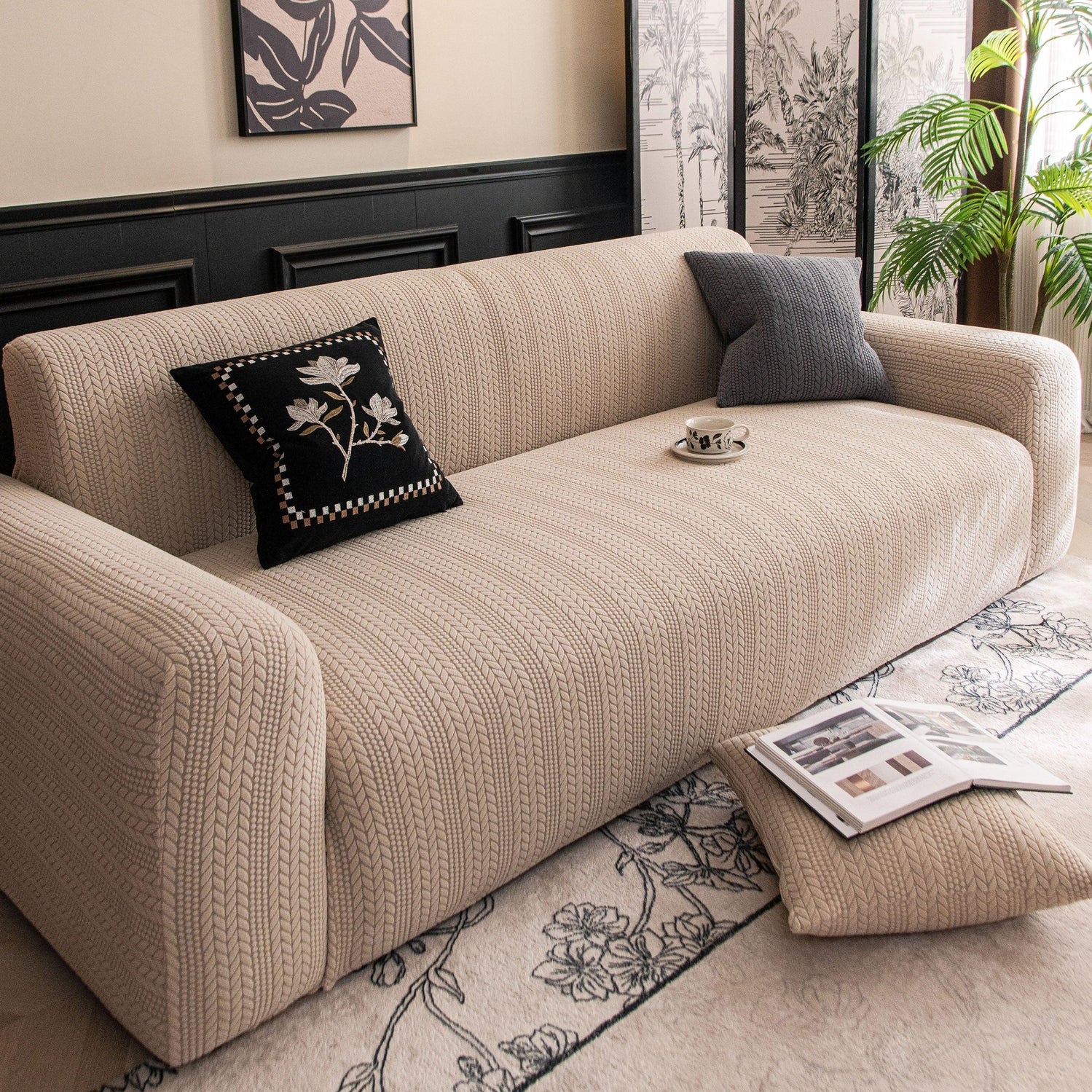 High Stretch Wheat Ear Embossed Textured Couch Slipcover, Water Repellent Sofa Cover - TaroTextile