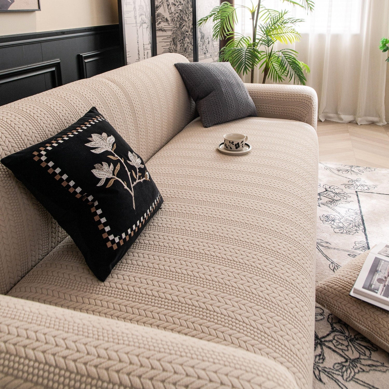 High Stretch Wheat Ear Embossed Textured Couch Slipcover, Water Repellent Sofa Cover - TaroTextile