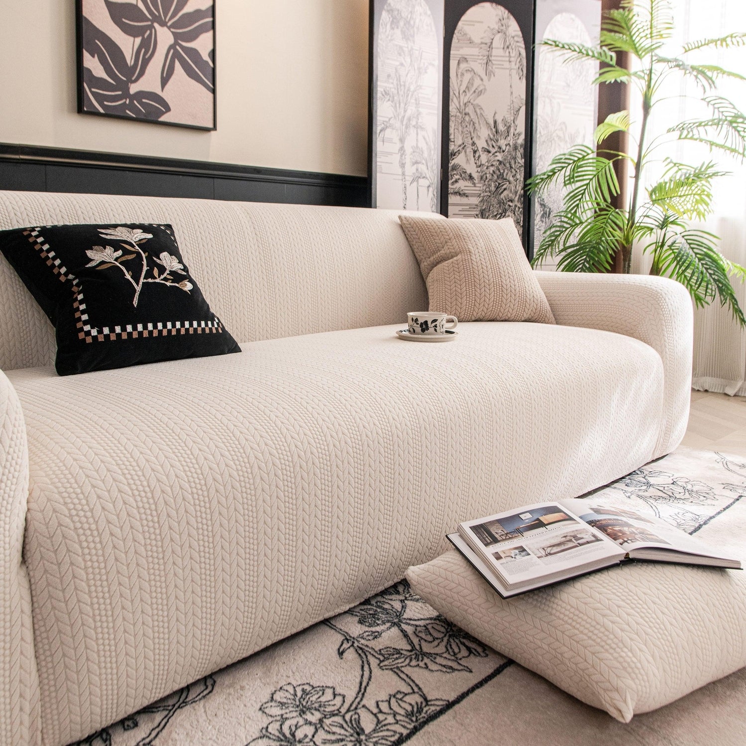 High Stretch Wheat Ear Embossed Textured Couch Slipcover, Water Repellent Sofa Cover - TaroTextile