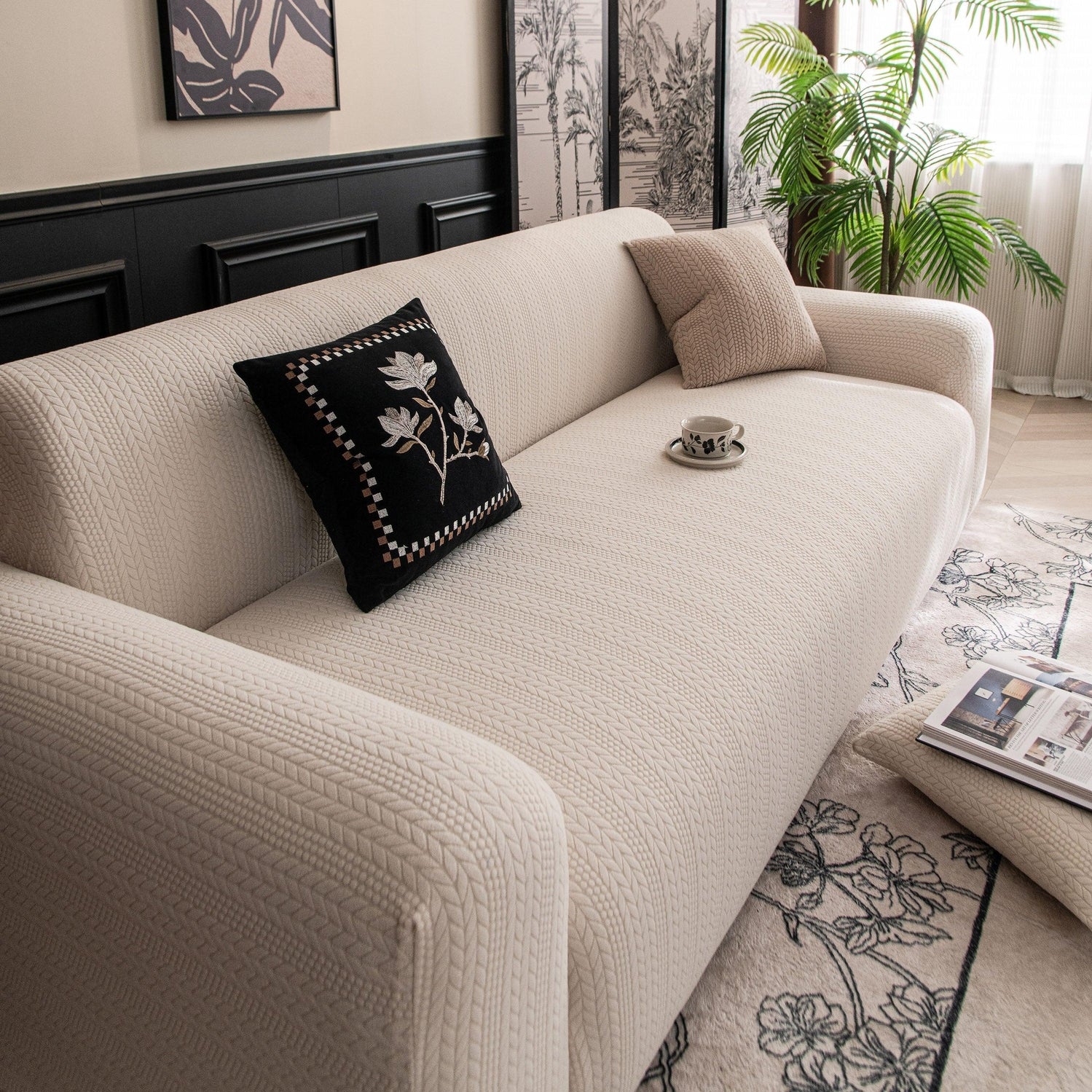 High Stretch Wheat Ear Embossed Textured Couch Slipcover, Water Repellent Sofa Cover - TaroTextile