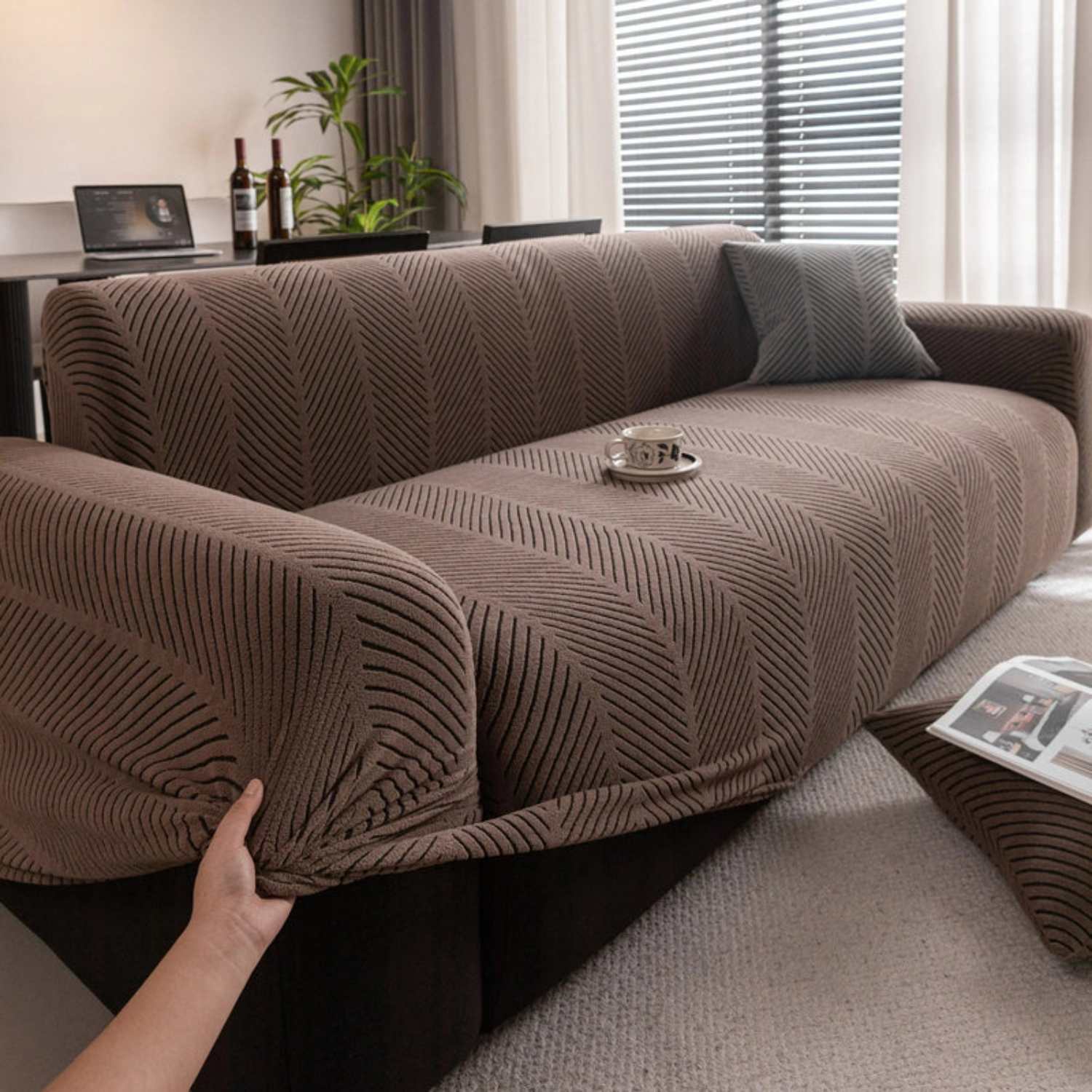 High Stretch Chevron Sofa Cover, Soft Washable Textured Jacquard Slipcover for Couch