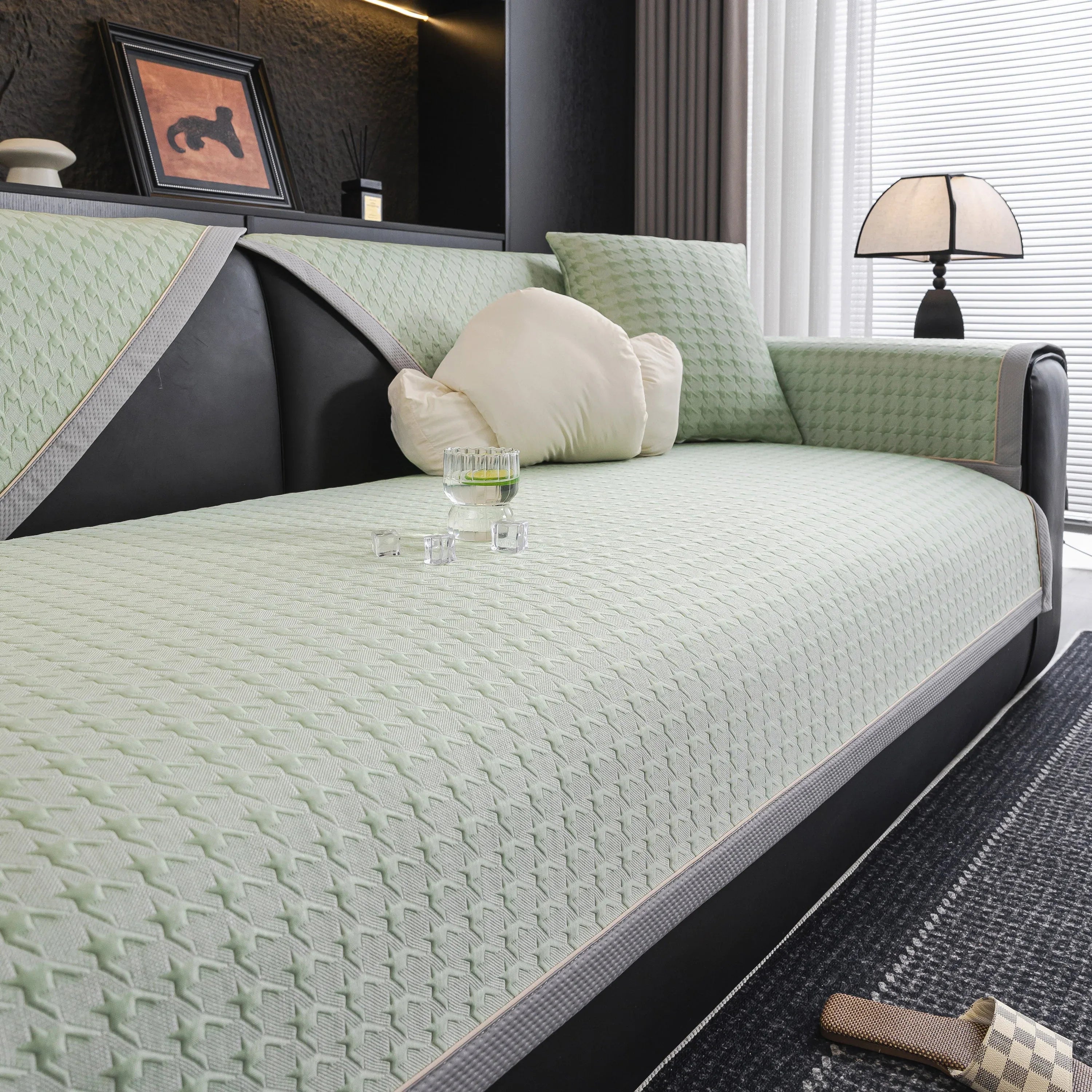 Houndstooth Ice Silk Breathable Sofa Cover, Modern Non-Slip Summer Couch Protector - TaroTextile
