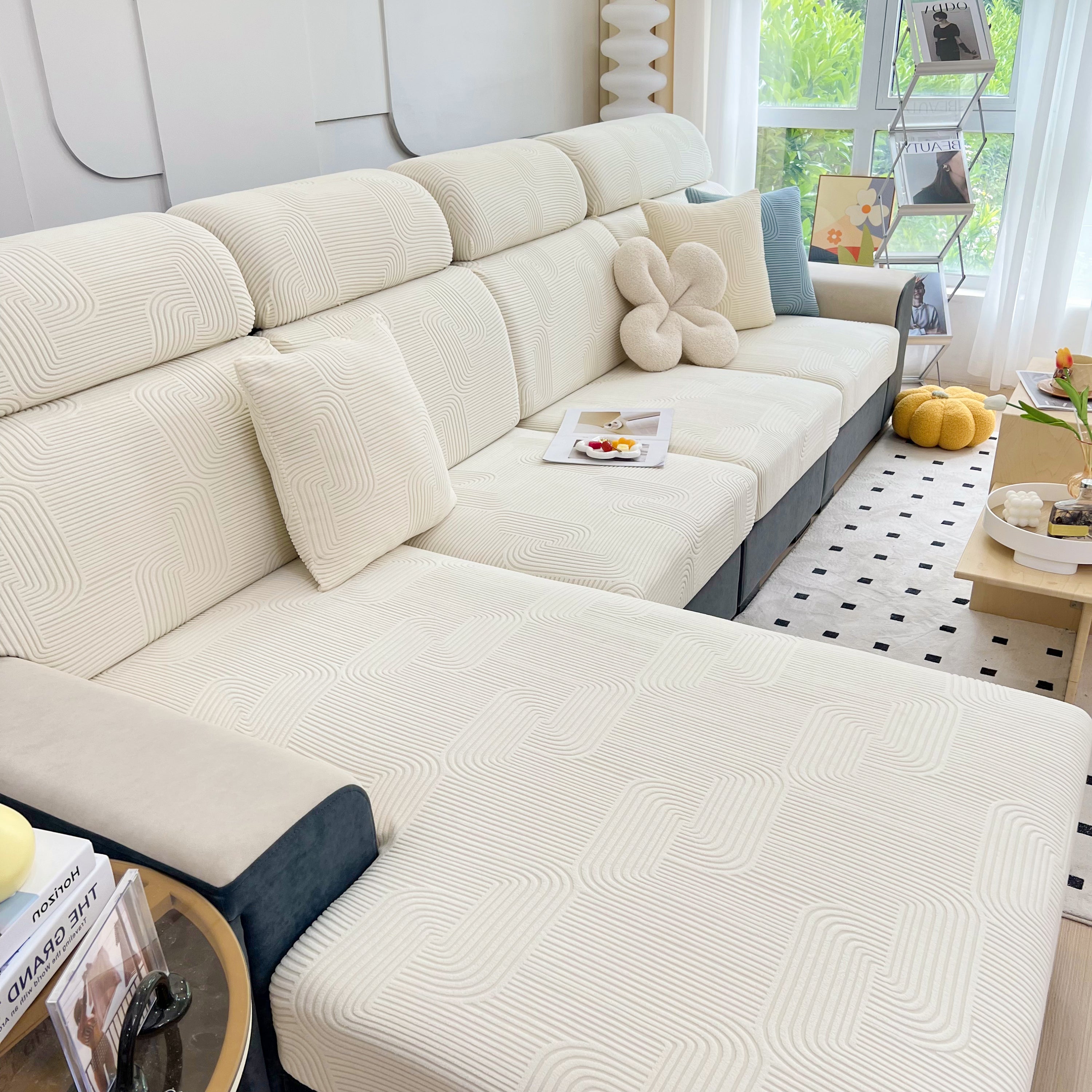 Stretch Couch Cushion Covers, Washable Chaise Lounge Sofa Slipcover, Elastic Furniture Protector for Pets, Kid