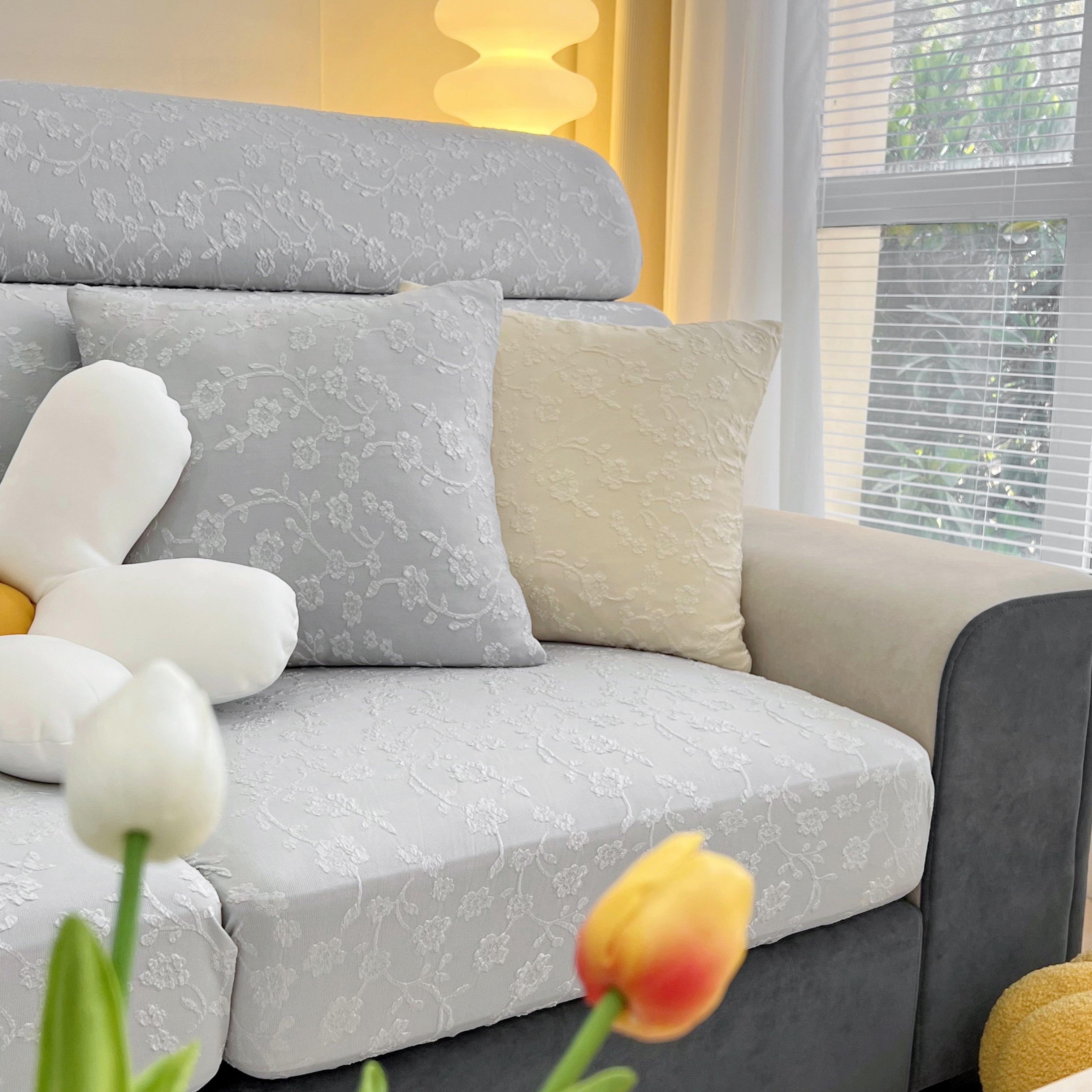 Frost Flower Cooling Silk Fabric Stretch Cushion Cover, Non-Slip Furniture Protector for Kids, Chaise Lounge Cushion Covers