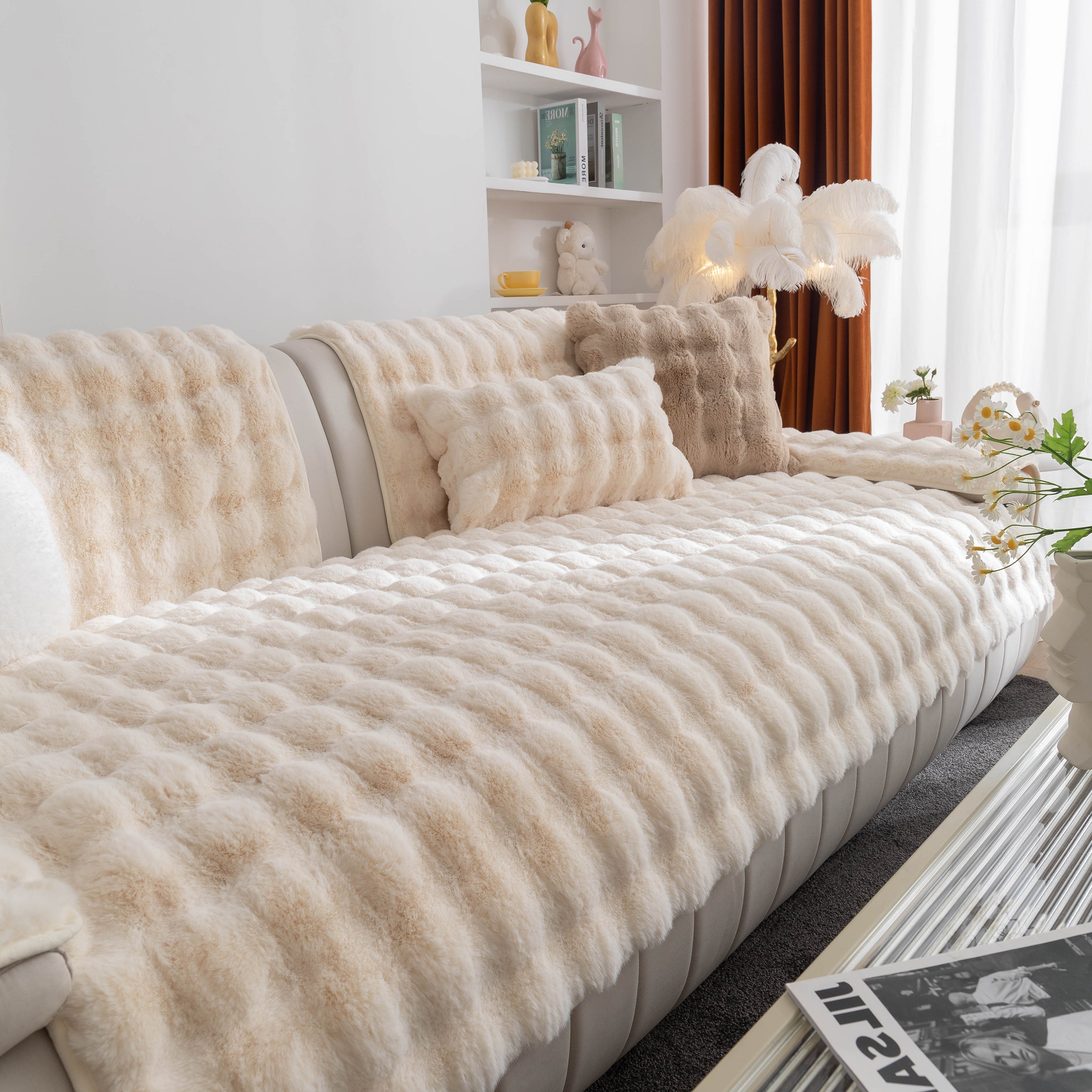 Thick Sofa Cushion Solid Color Faux Fur Fluffy Sofa Cushion Non-Slip Couch Covers