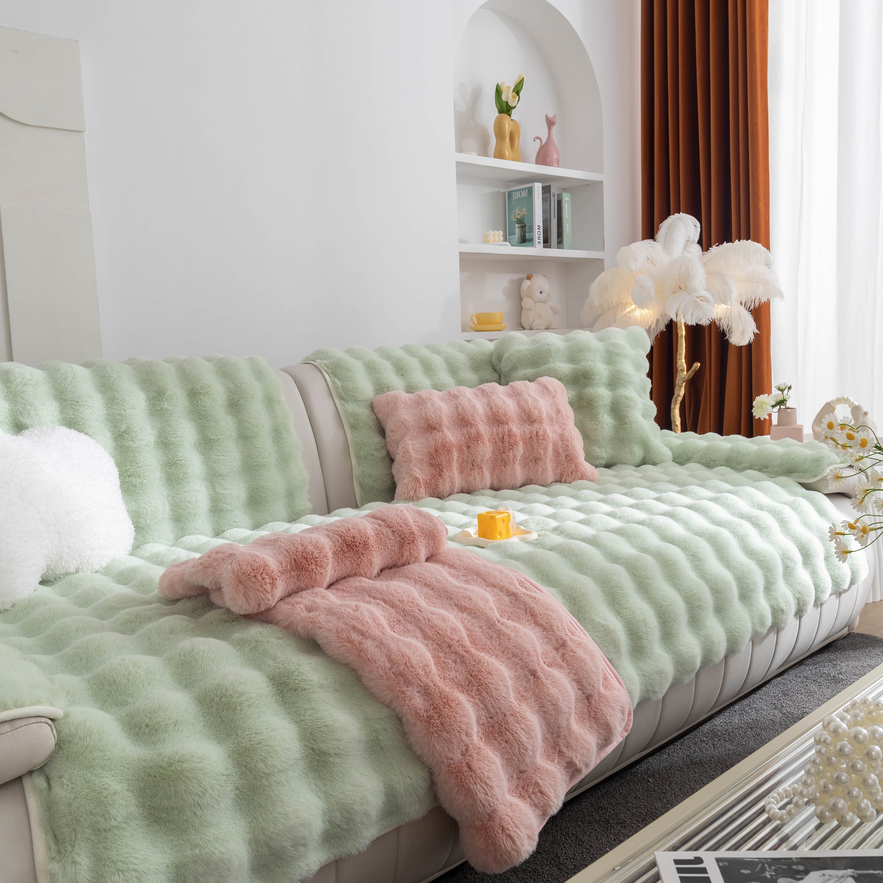 Thick Sofa Cushion Solid Color Faux Fur Fluffy Sofa Cushion Non-Slip Couch Covers
