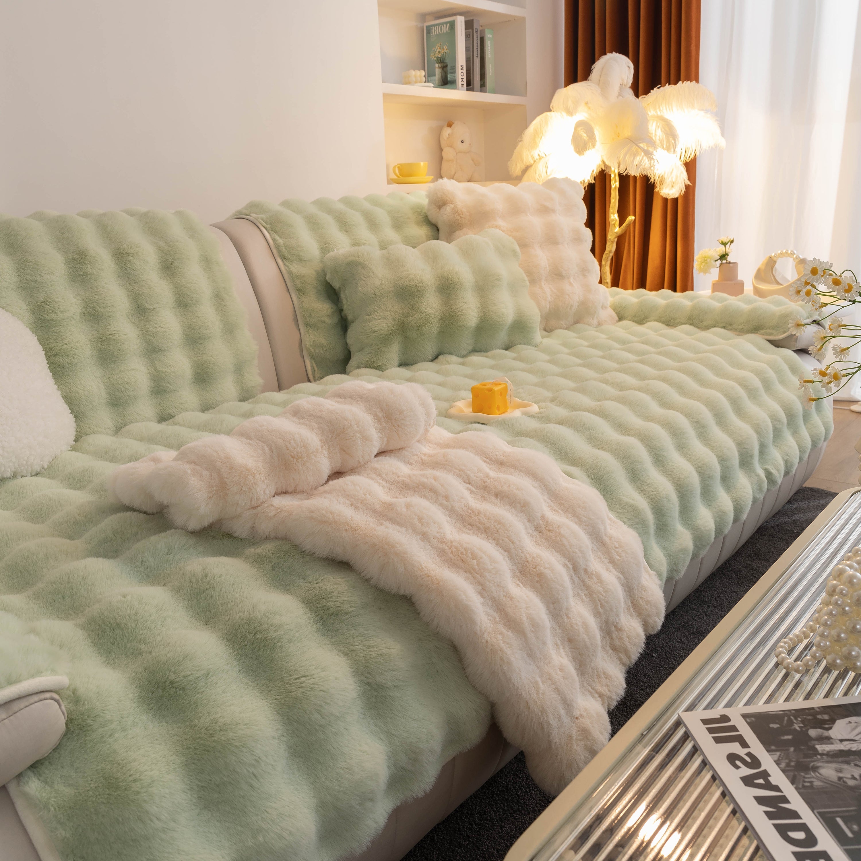 Thick Sofa Cushion Solid Color Faux Fur Fluffy Sofa Cushion Non-Slip Couch Covers
