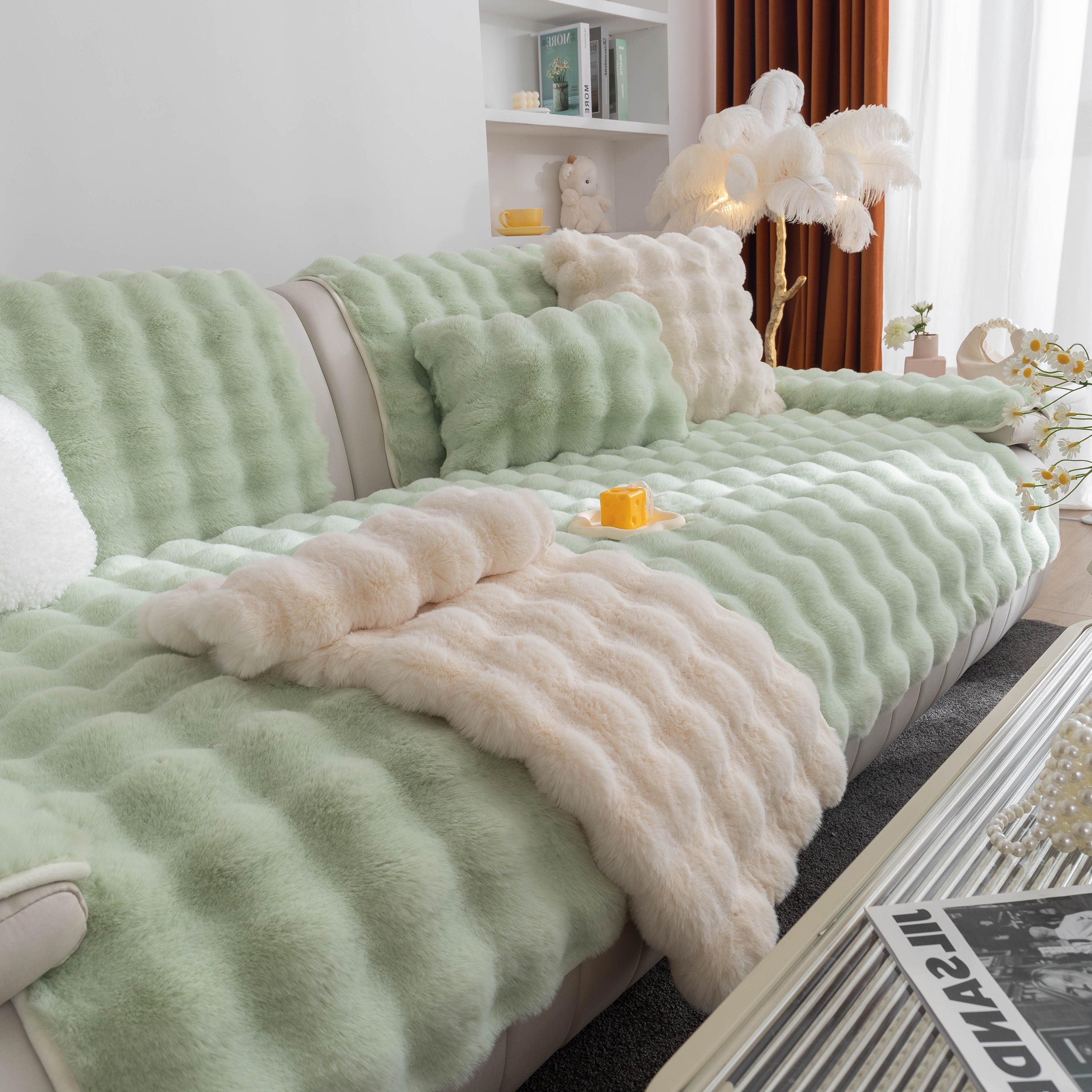Thick Sofa Cushion Solid Color Faux Fur Fluffy Sofa Cushion Non-Slip Couch Covers
