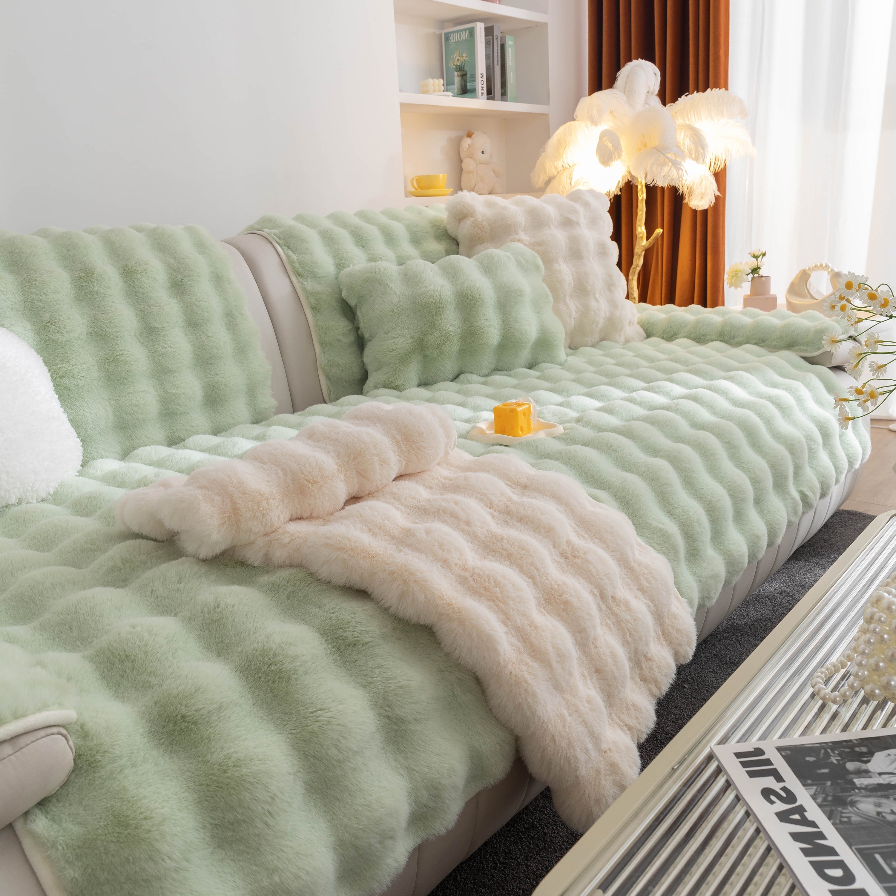 Thick Sofa Cushion Solid Color Faux Fur Fluffy Sofa Cushion Non-Slip Couch Covers