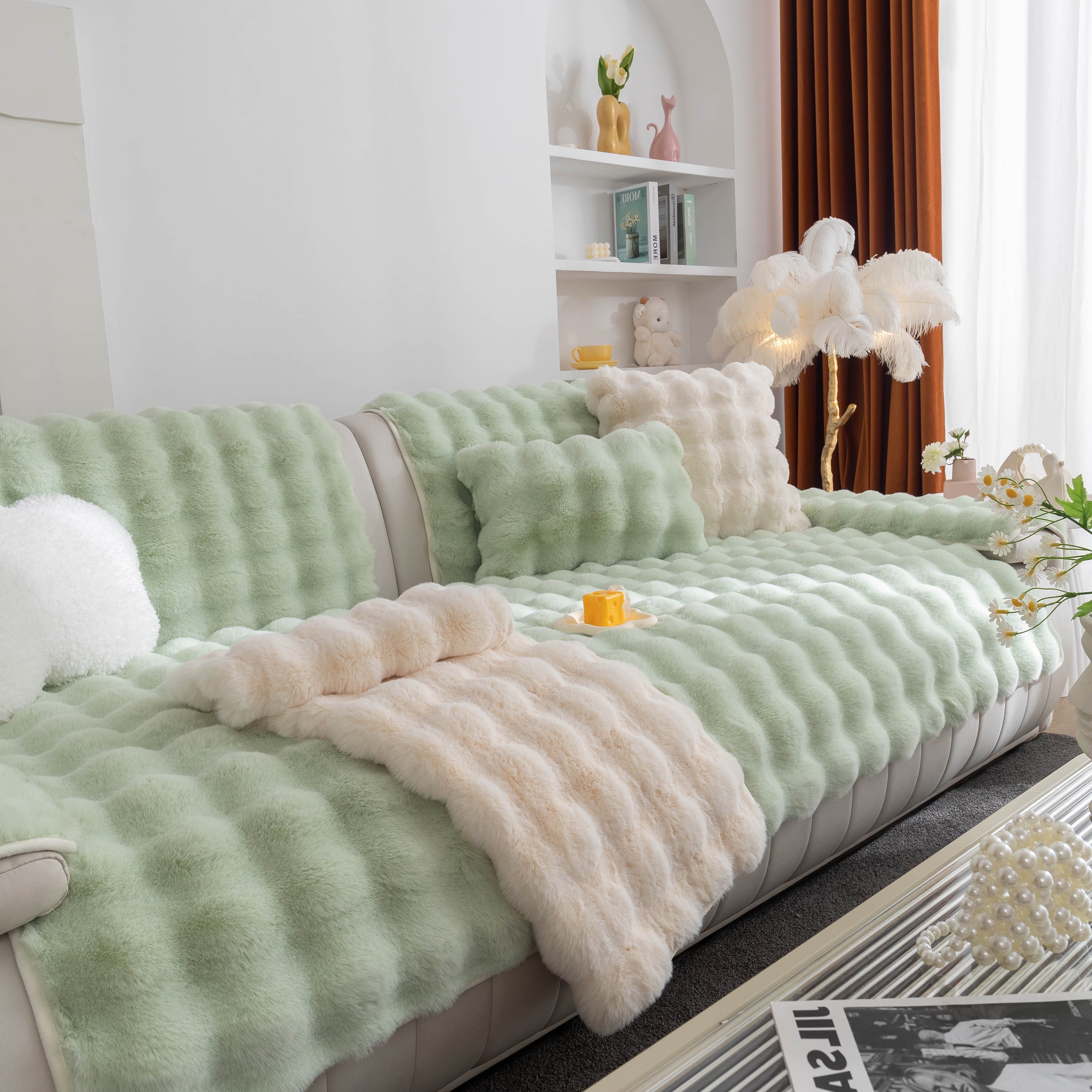 Thick Sofa Cushion Solid Color Faux Fur Fluffy Sofa Cushion Non-Slip Couch Covers