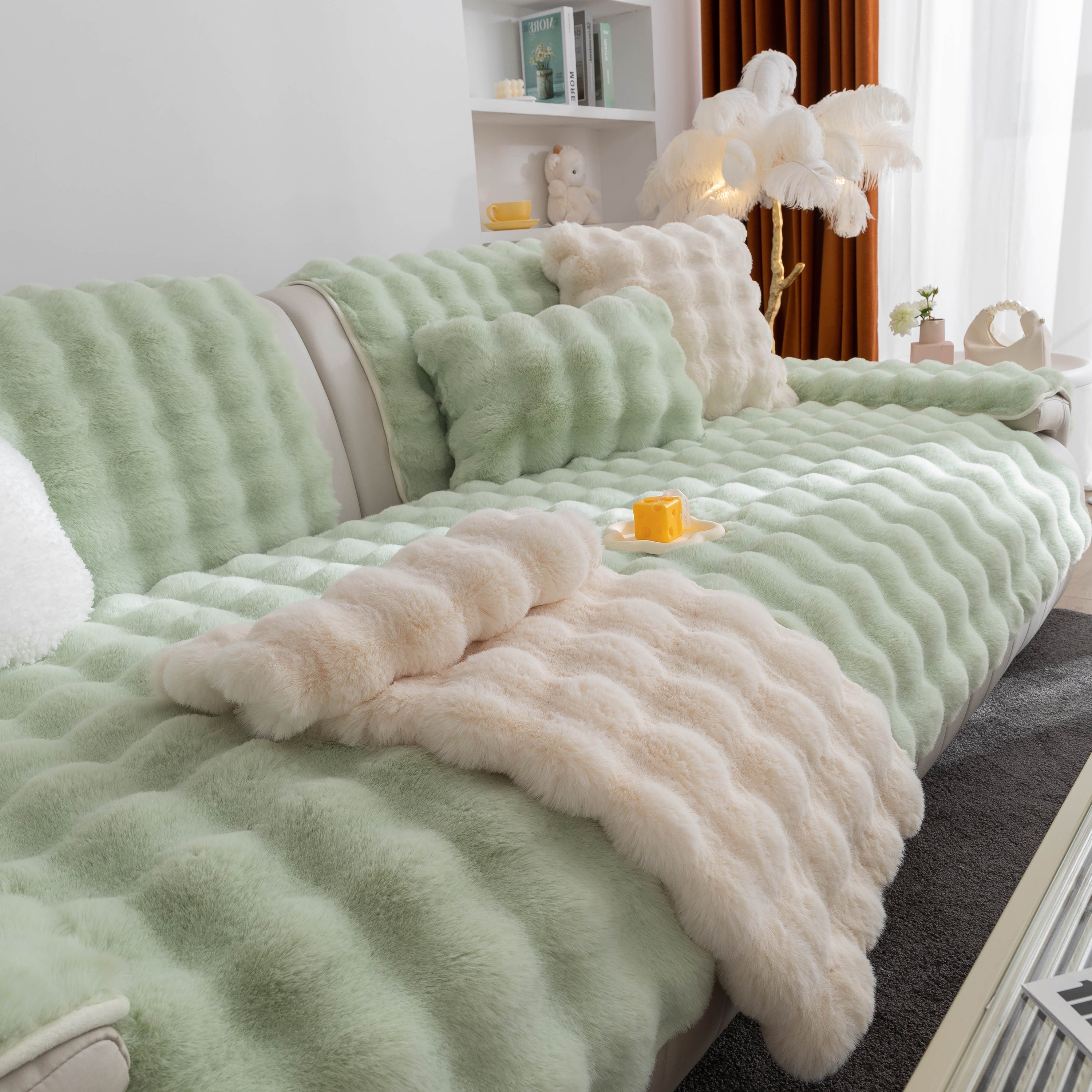 Thick Sofa Cushion Solid Color Faux Fur Fluffy Sofa Cushion Non-Slip Couch Covers