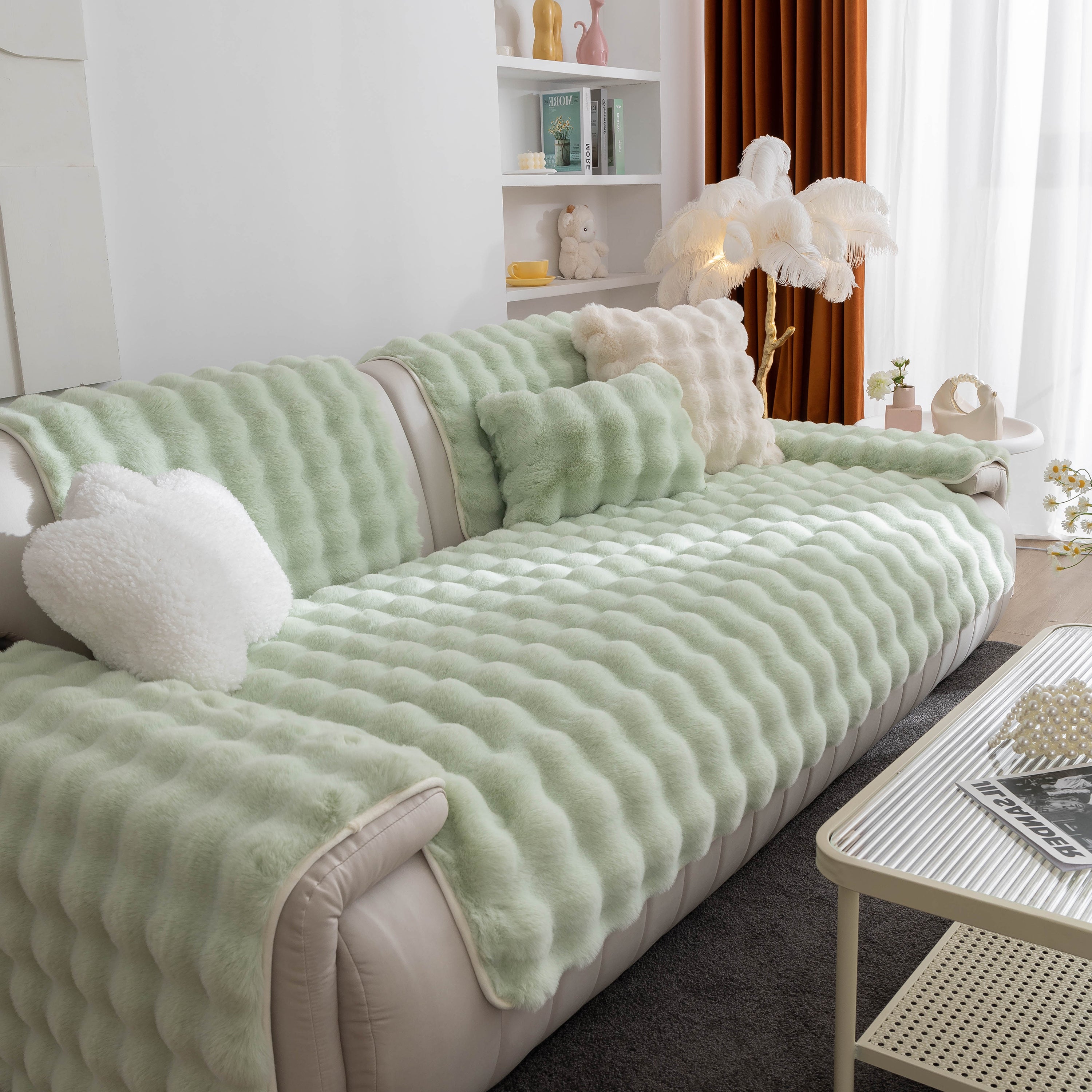 Thick Sofa Cushion Solid Color Faux Fur Fluffy Sofa Cushion Non-Slip Couch Covers