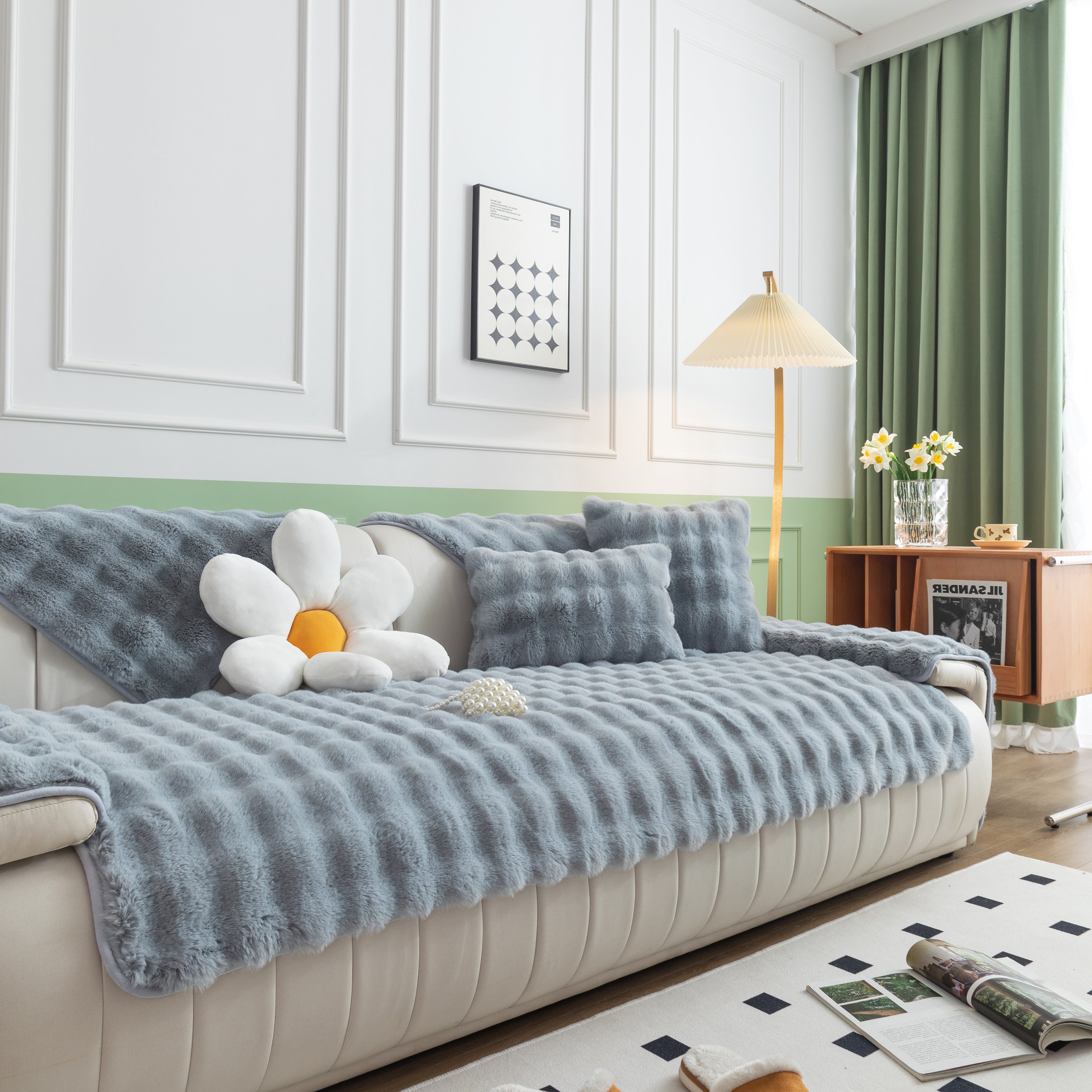 Thick Sofa Cushion Solid Color Faux Fur Fluffy Sofa Cushion Non-Slip Couch Covers