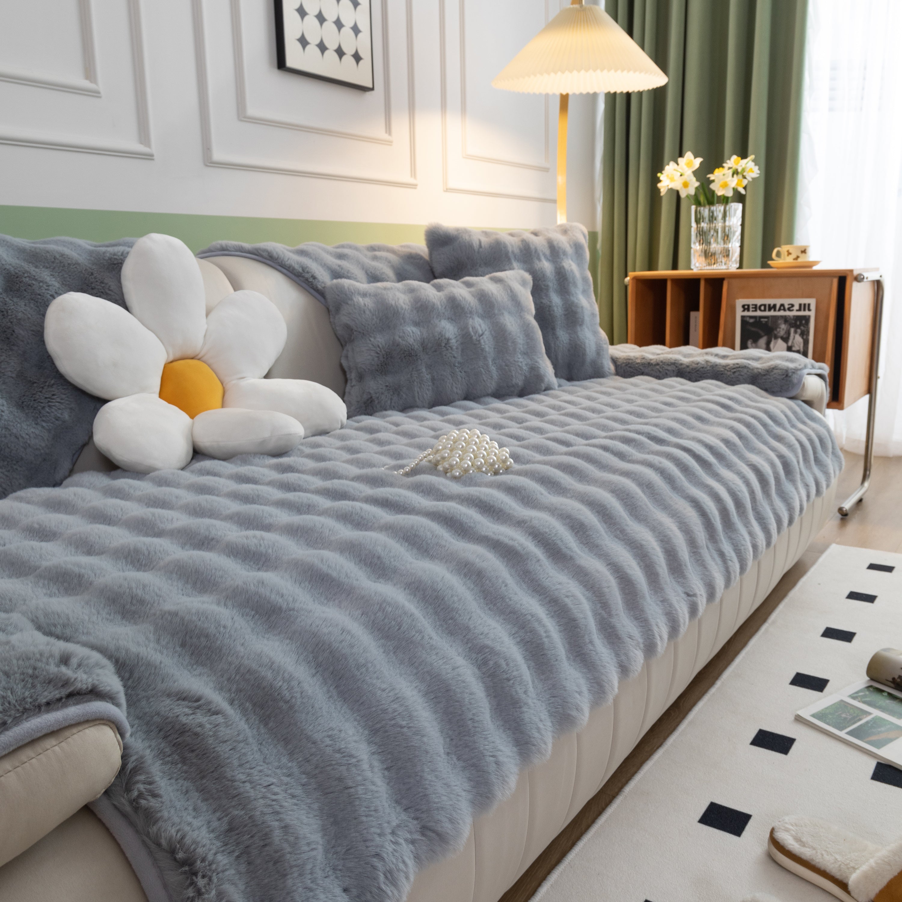 Thick Sofa Cushion Solid Color Faux Fur Fluffy Sofa Cushion Non-Slip Couch Covers